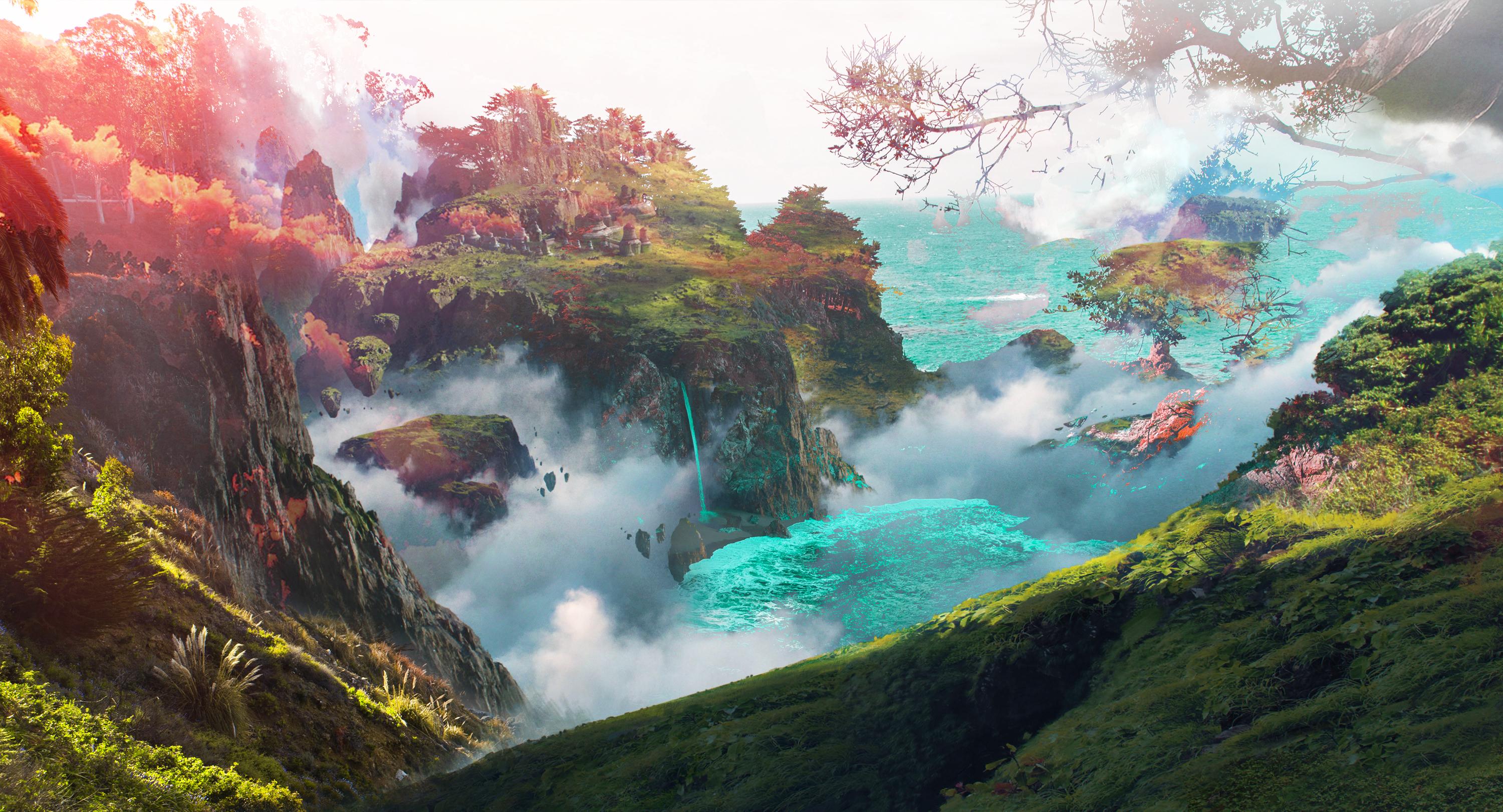 Paesaggio fantasy con cascata, 3000x1621 WQXGA, Desktop