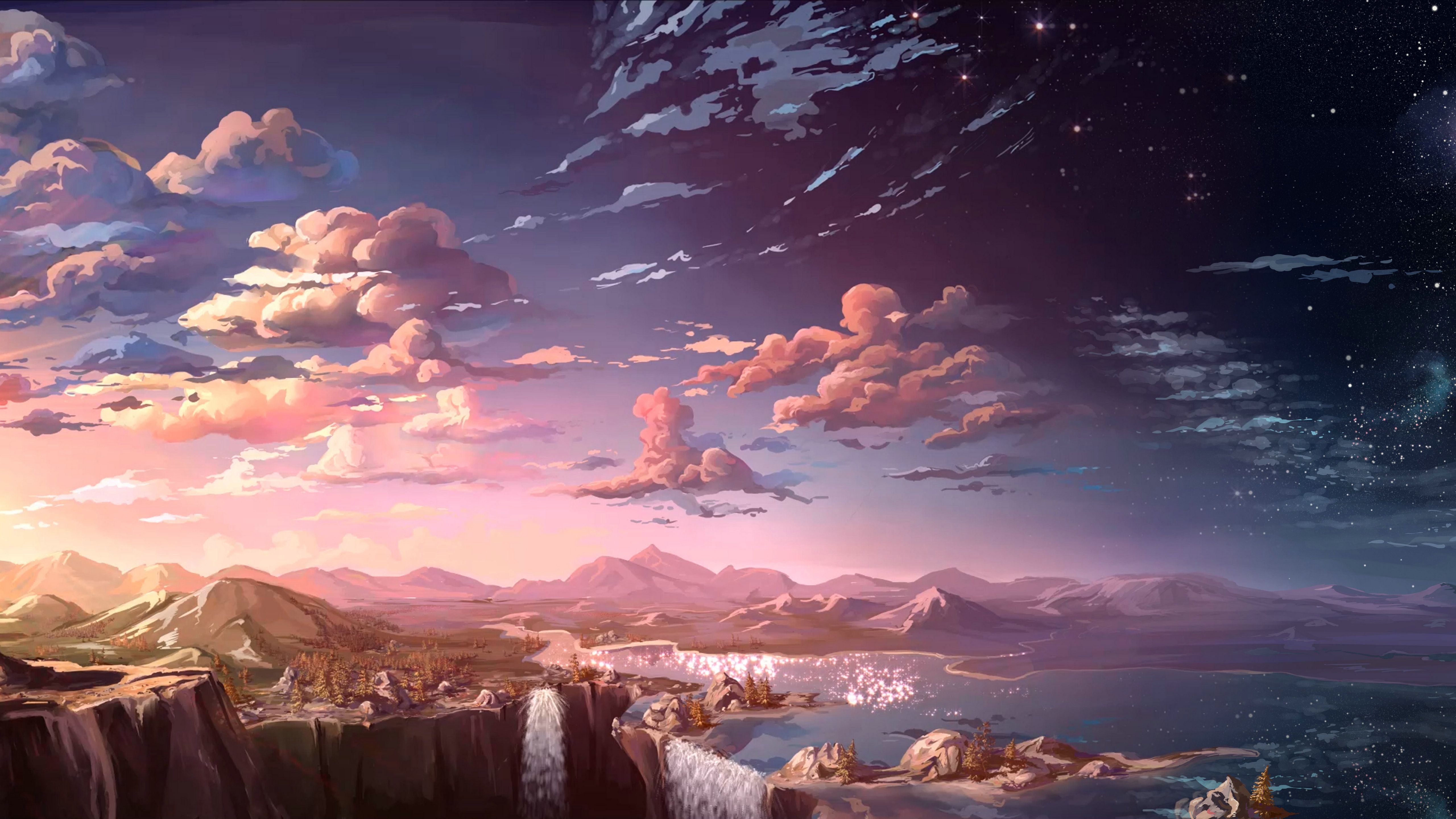 Paesaggio anime con cascate, 5120x2880 4K Ultra HD, Monitor 4K