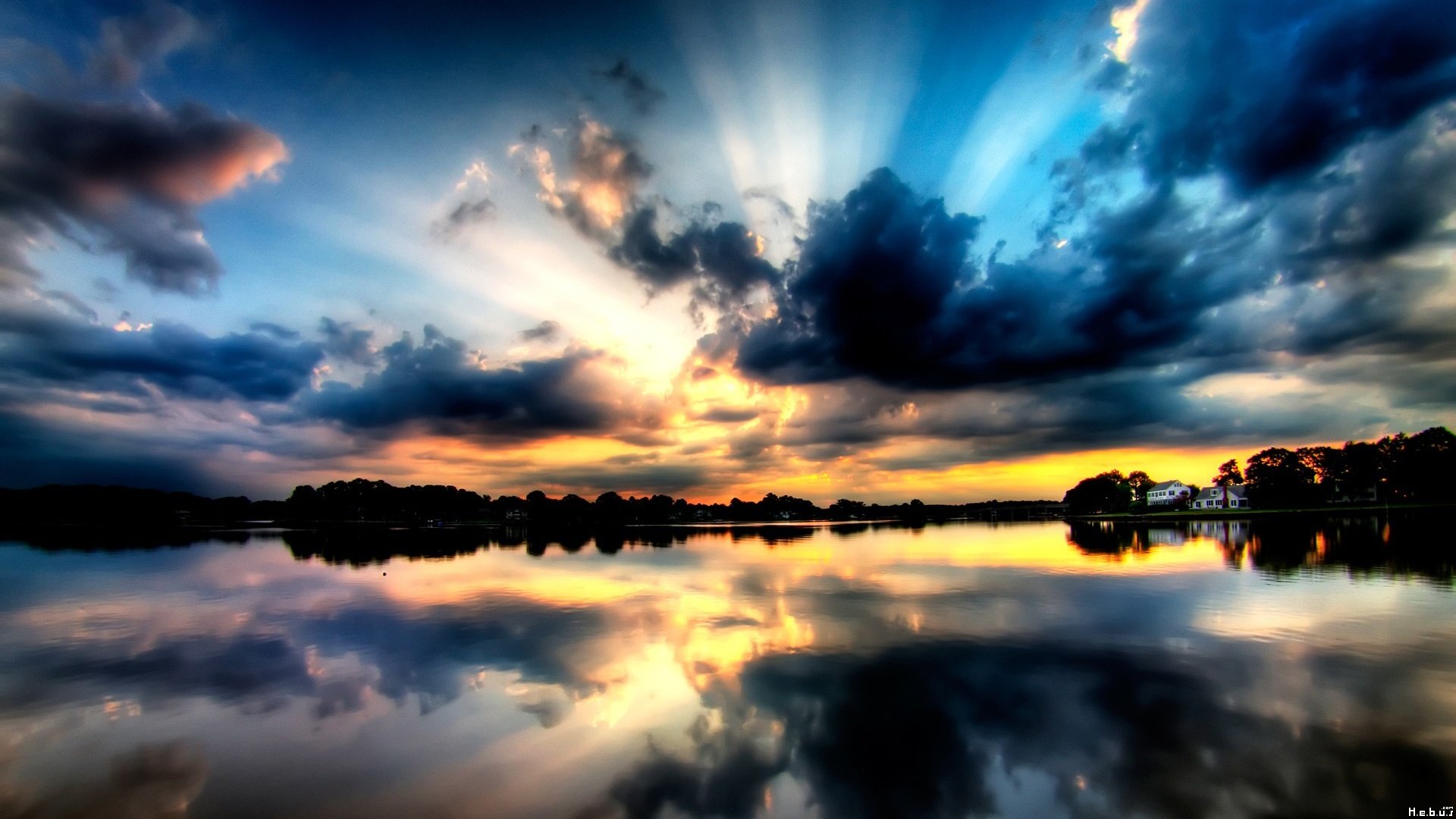 Tramonto drammatico su lago calmo, 1920x1080 Full HD, PC Desktop