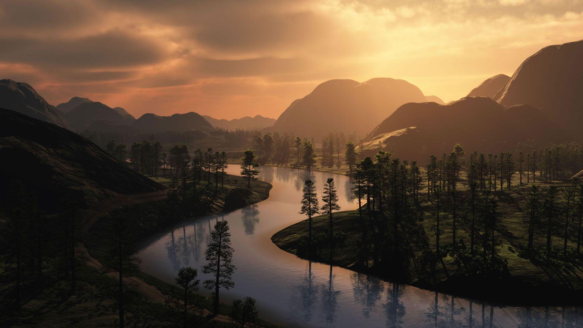Fiume tra montagne al tramonto, 1920x1080 1080p, Laptop