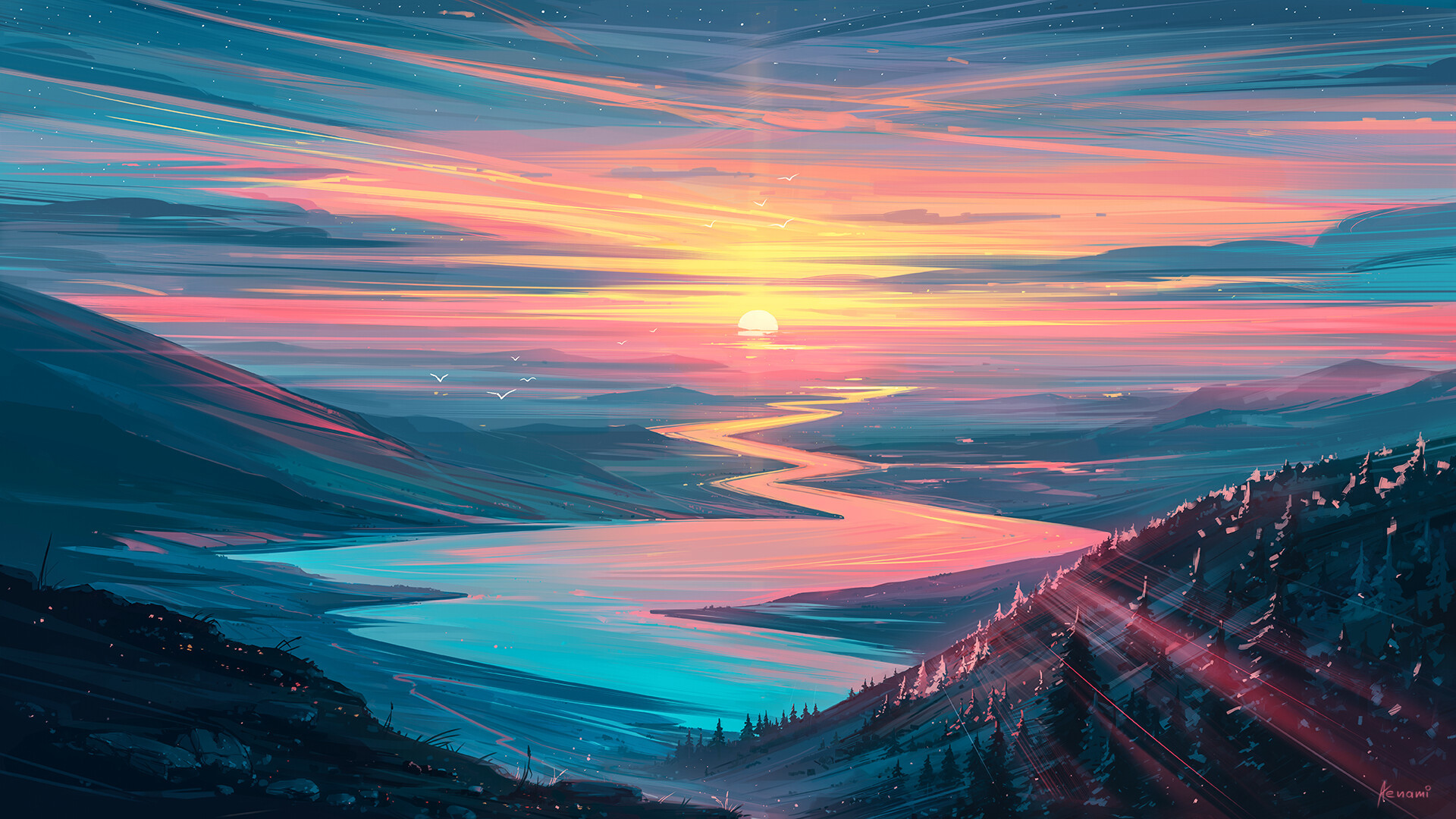 Alba su fiume e montagne, 1920x1080 Full HD, PC