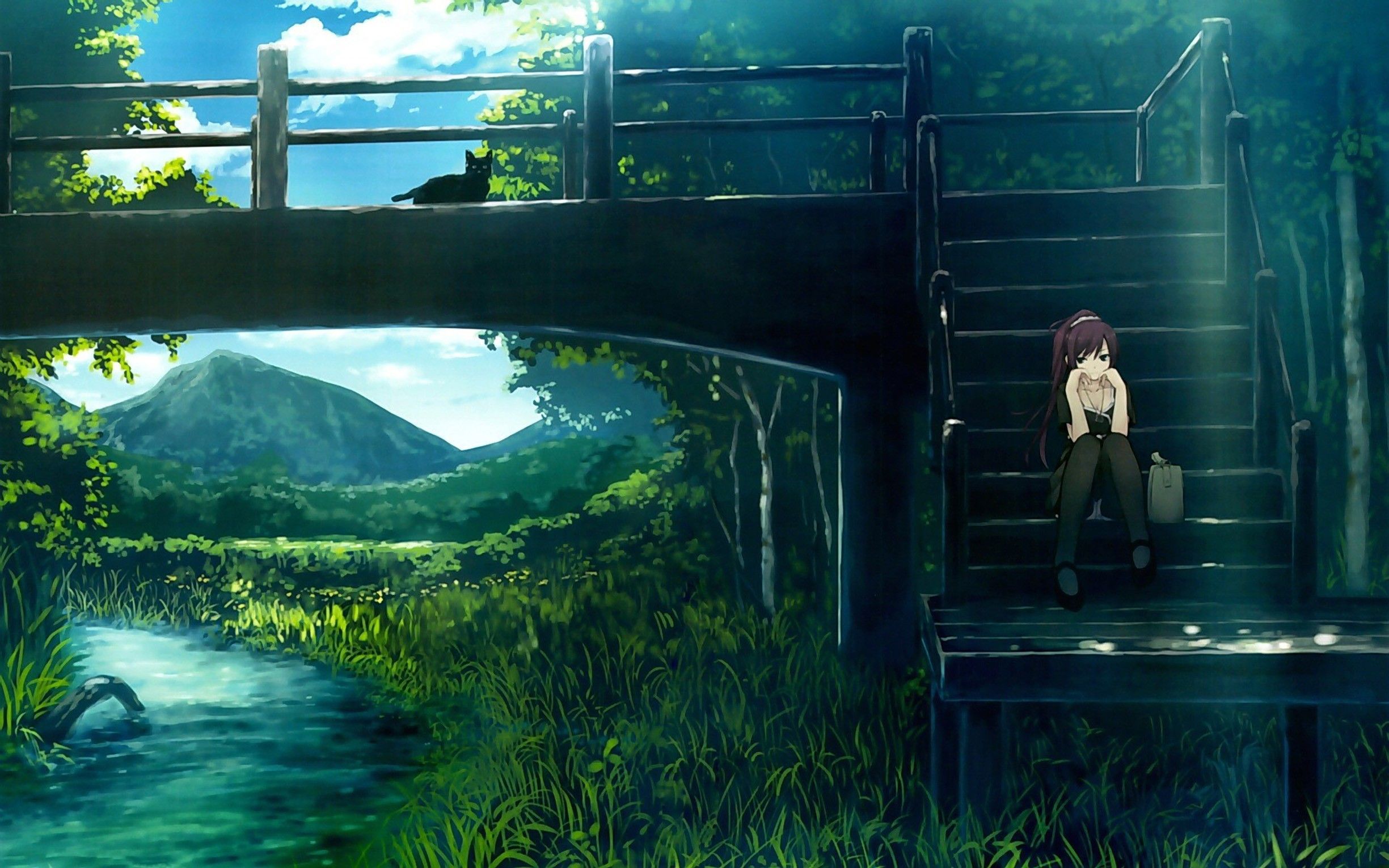 Ragazza anime seduta ponte, 2449x1531 alta risoluzione, PC