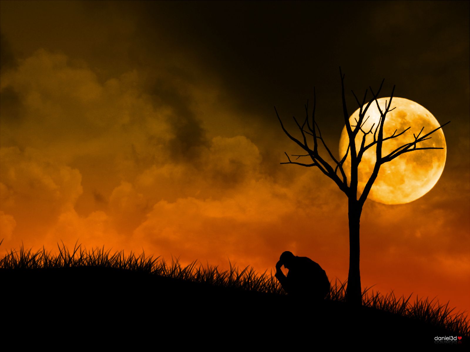 Silhouette persona triste, luna albero, 1600x1200 900p, Desktop