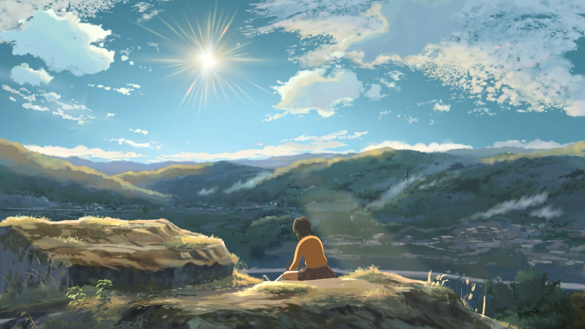 Ragazza seduta su scogliera anime, 1920x1080 Full HD 1080p, Desktop