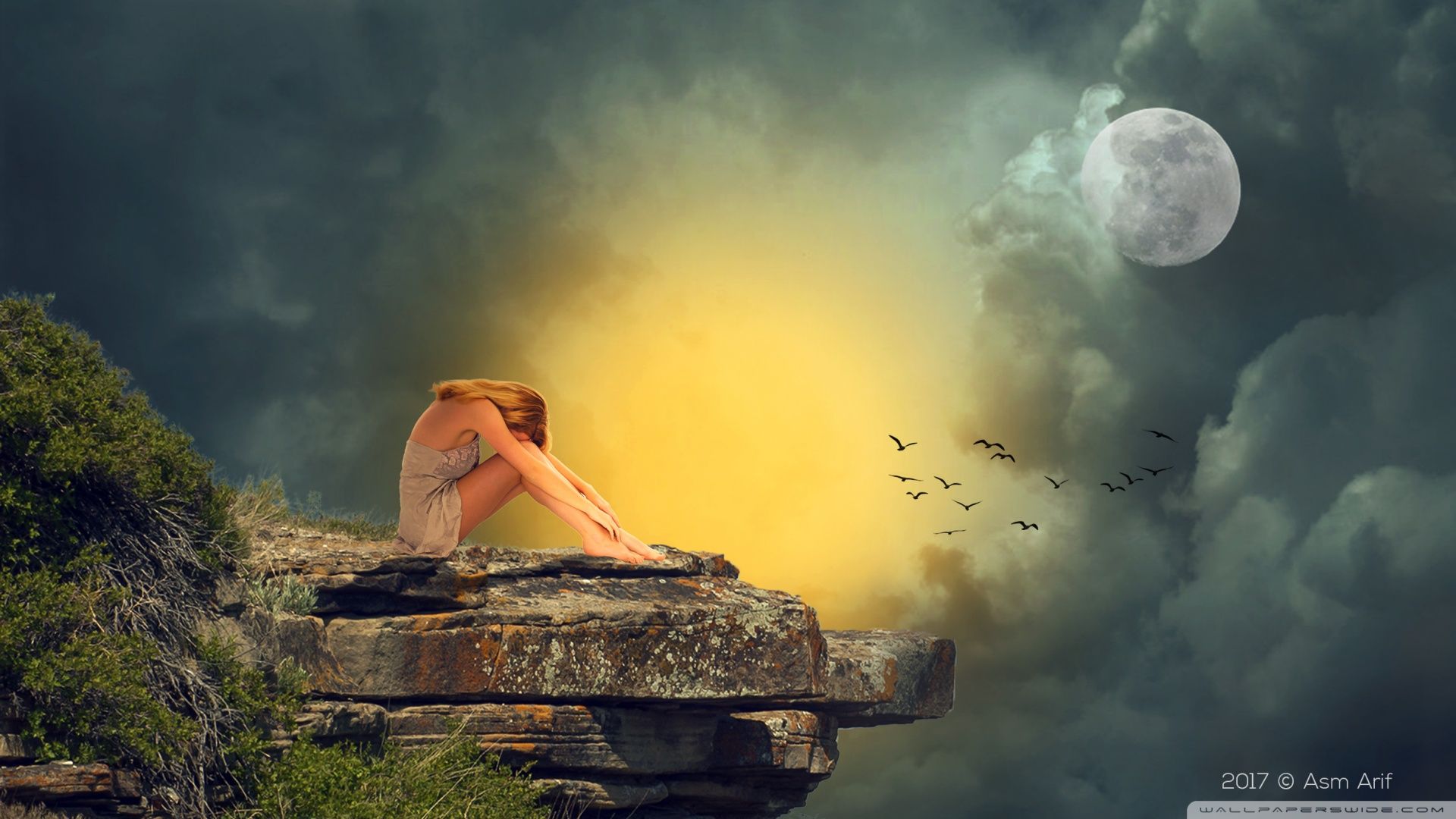 Ragazza triste su rupe, 1920x1080 1080p, PC