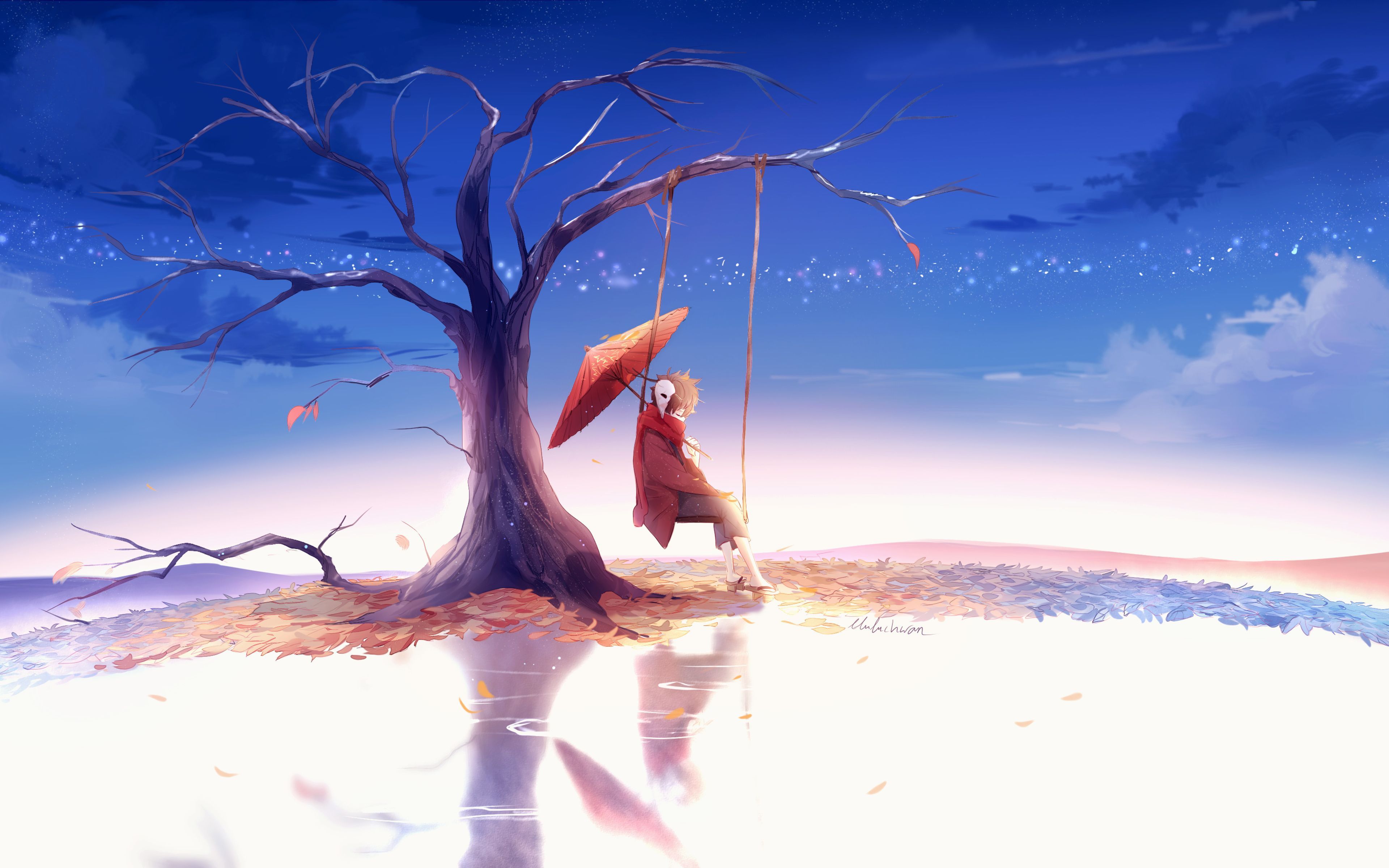 Personaggio con ombrello sotto albero spoglio, 3840x2400 Ultra HD, 4K TV