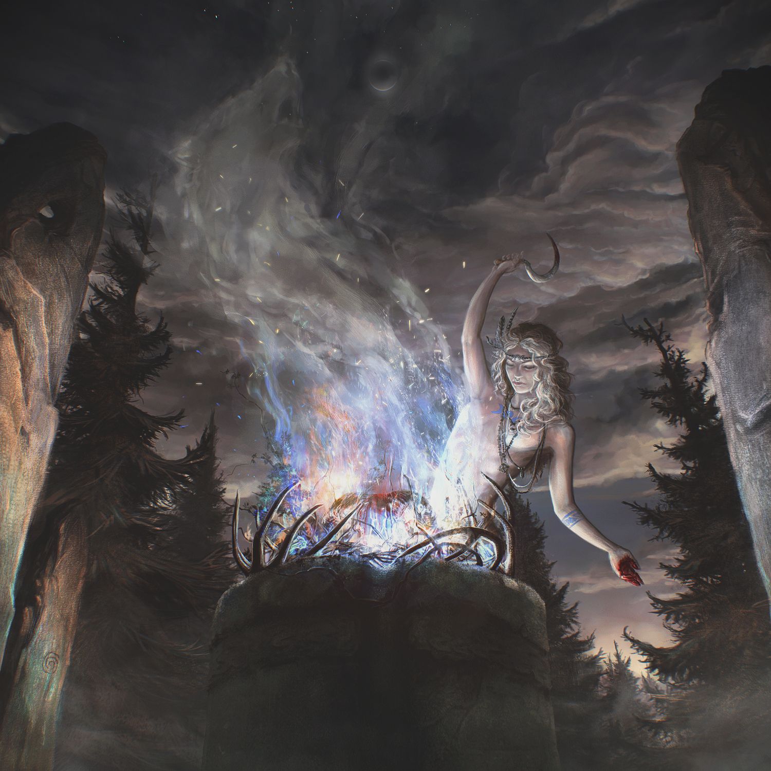 Figura rituale davanti a fuoco magico, 1500x1500 HD, Desktop