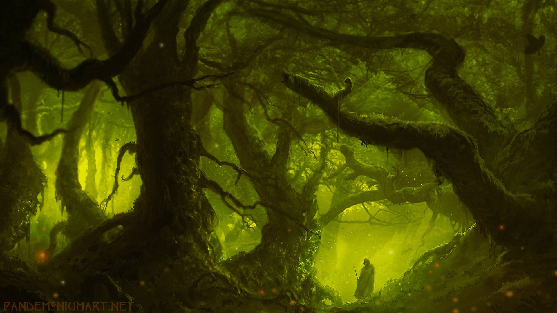 Foresta mistica verde con figura, 1920x1080 Full HD, Desktop