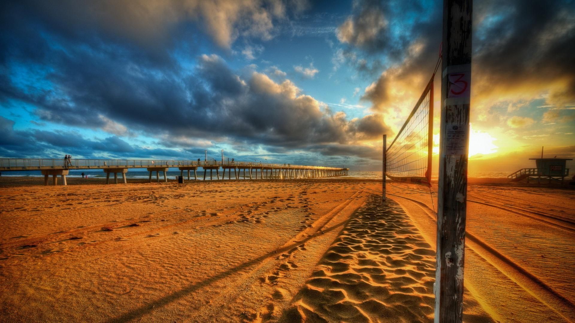 Spiaggia con rete pallavolo tramonto, 1920x1080 Full HD 1080p, Monitor Gaming