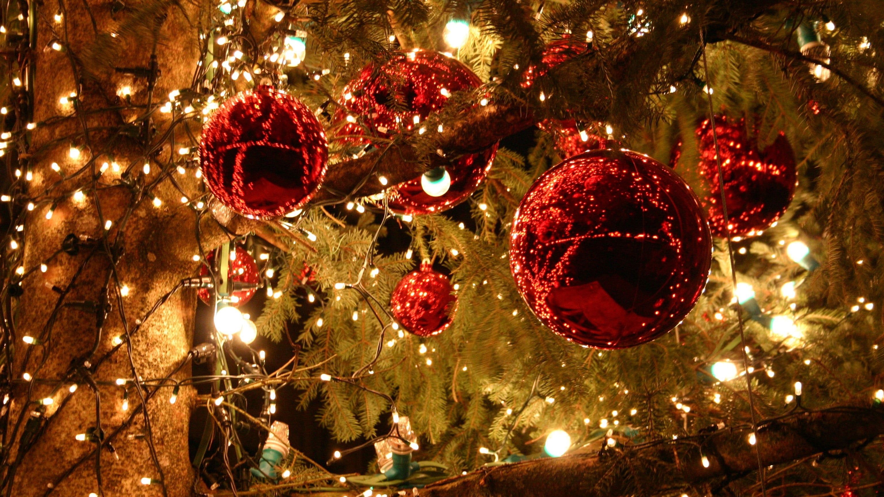 Palline rosse di Natale con luci, 3072x1728 2K, Monitor Gaming