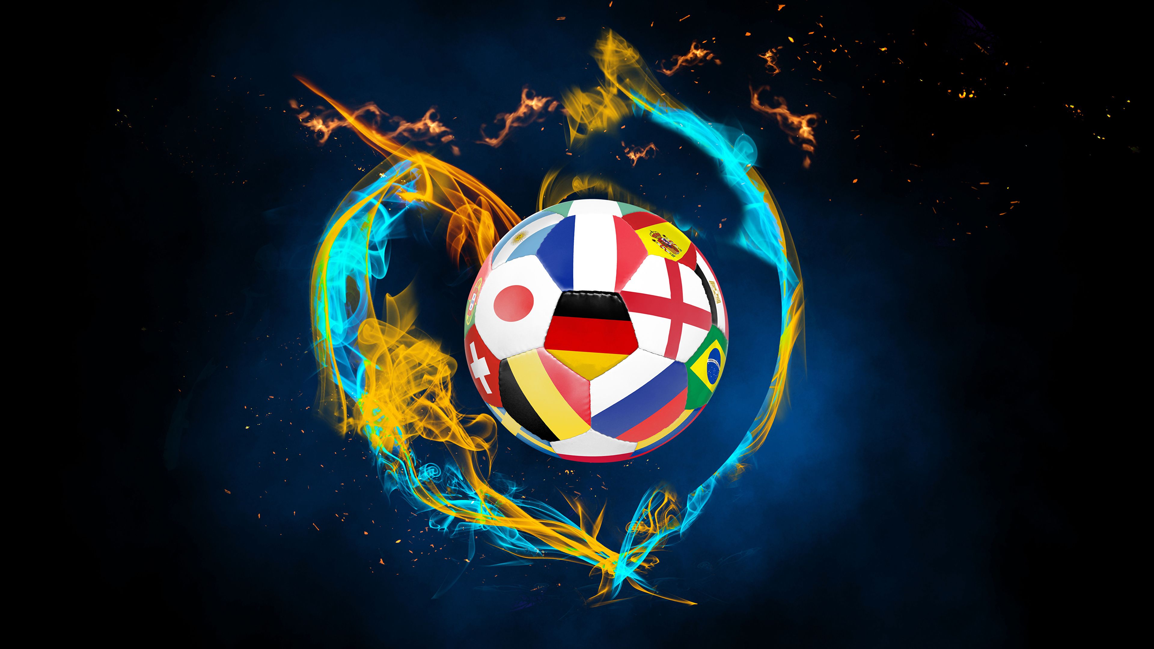 Pallone da calcio con bandiere in fiamme, 3840x2160 4K Ultra HD, Monitor 4K