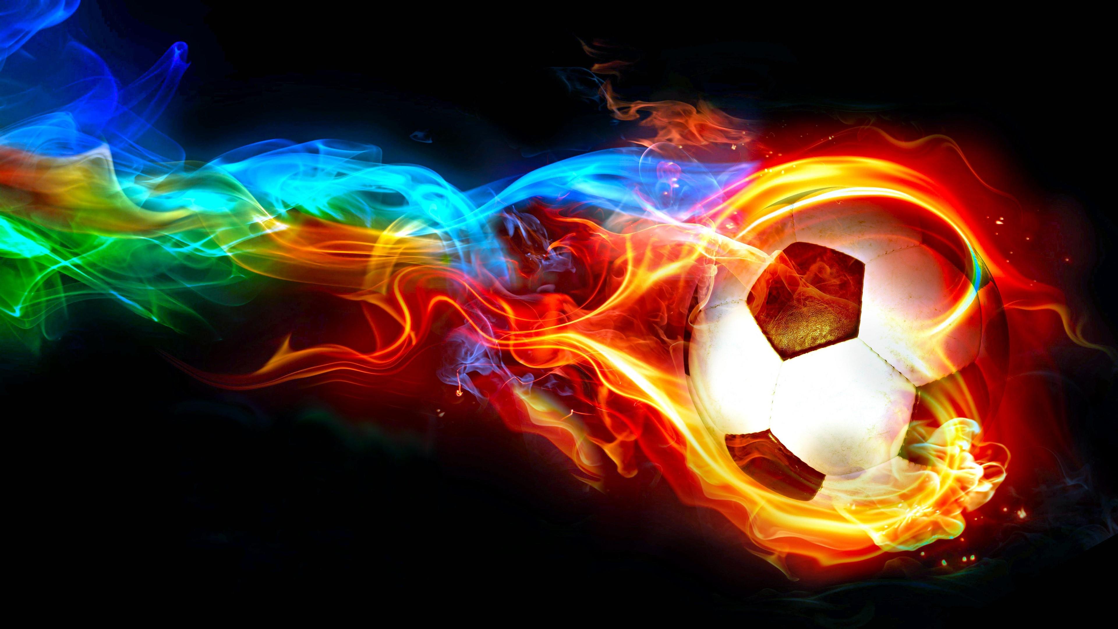 Pallone da calcio in fiamme colorate, 3840x2160 Ultra HD, 4K TV