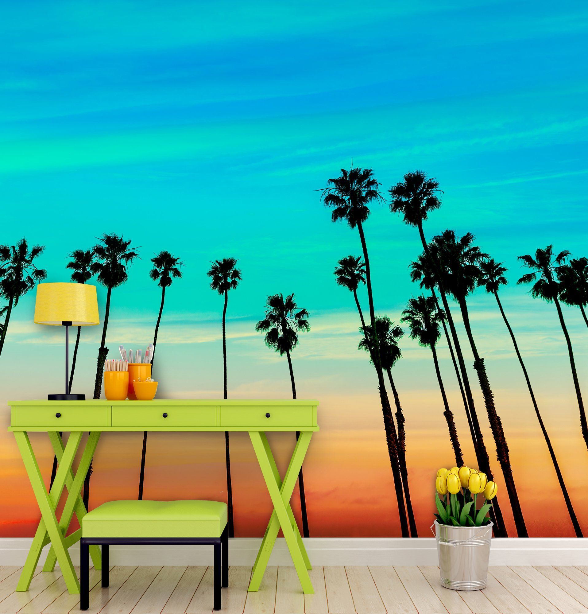 Palme al tramonto, murale colorato, 1916x2000 Full HD Verticale, Smartphone