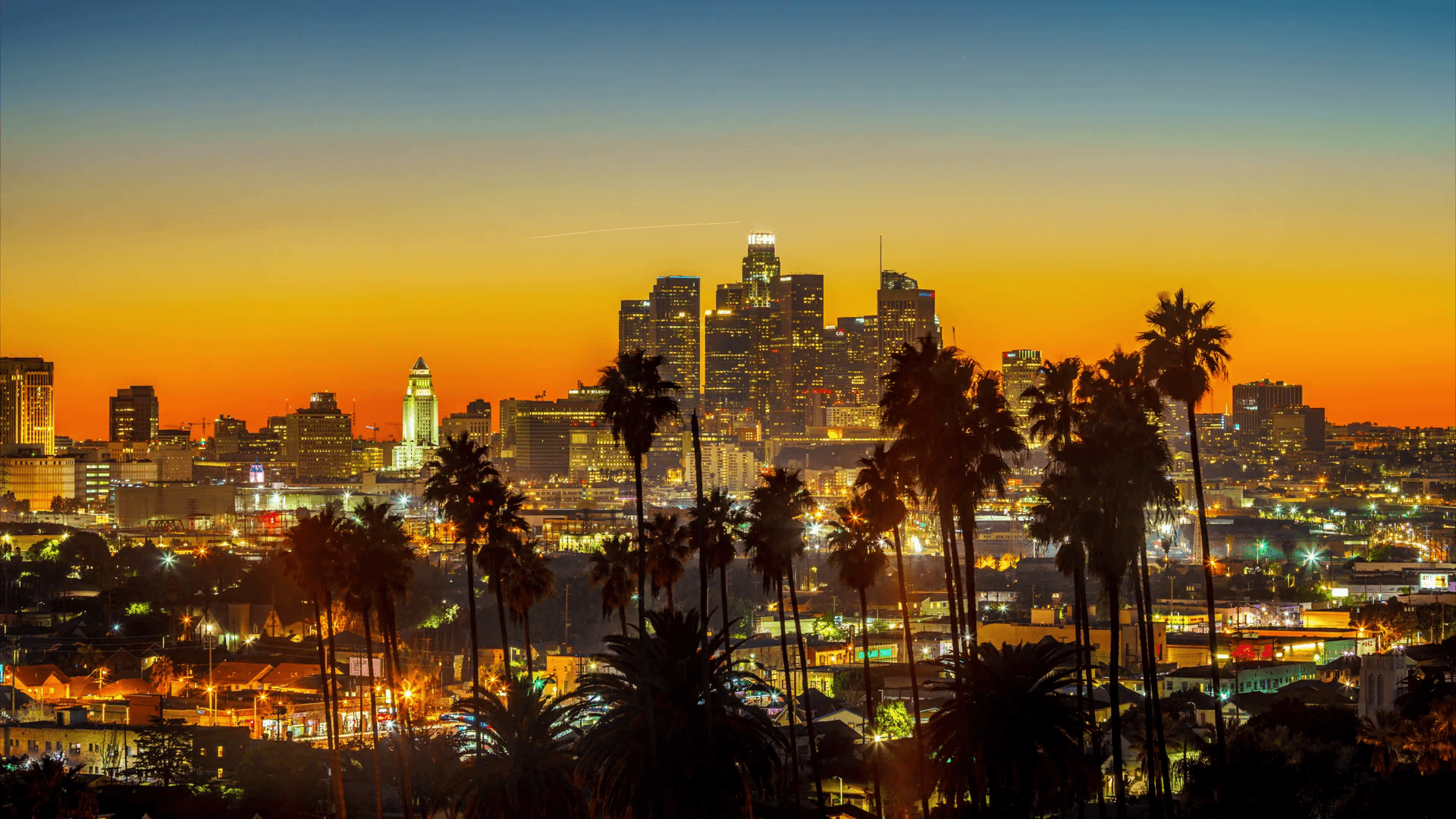 Skyline Los Angeles al tramonto con palme, 1920x1080 Full HD, Desktop