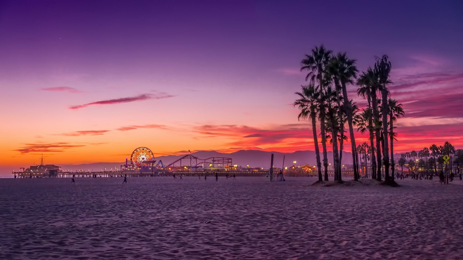 Tramonto Santa Monica con palme, Route 66, 1920x1080 Full HD 1080p, Laptop