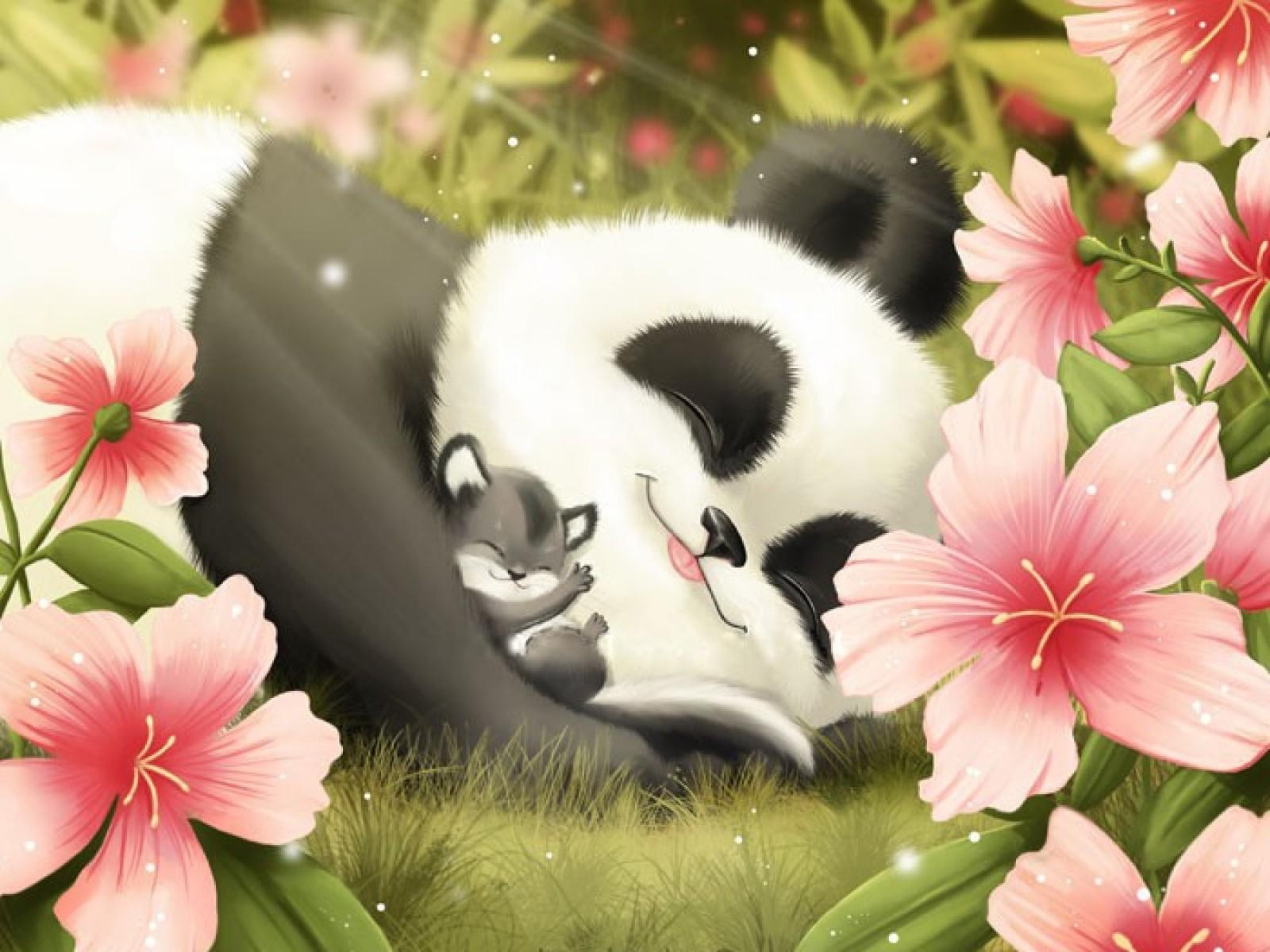 Panda cartone con fiori rosa, 1600x1200 HD Ready, Desktop