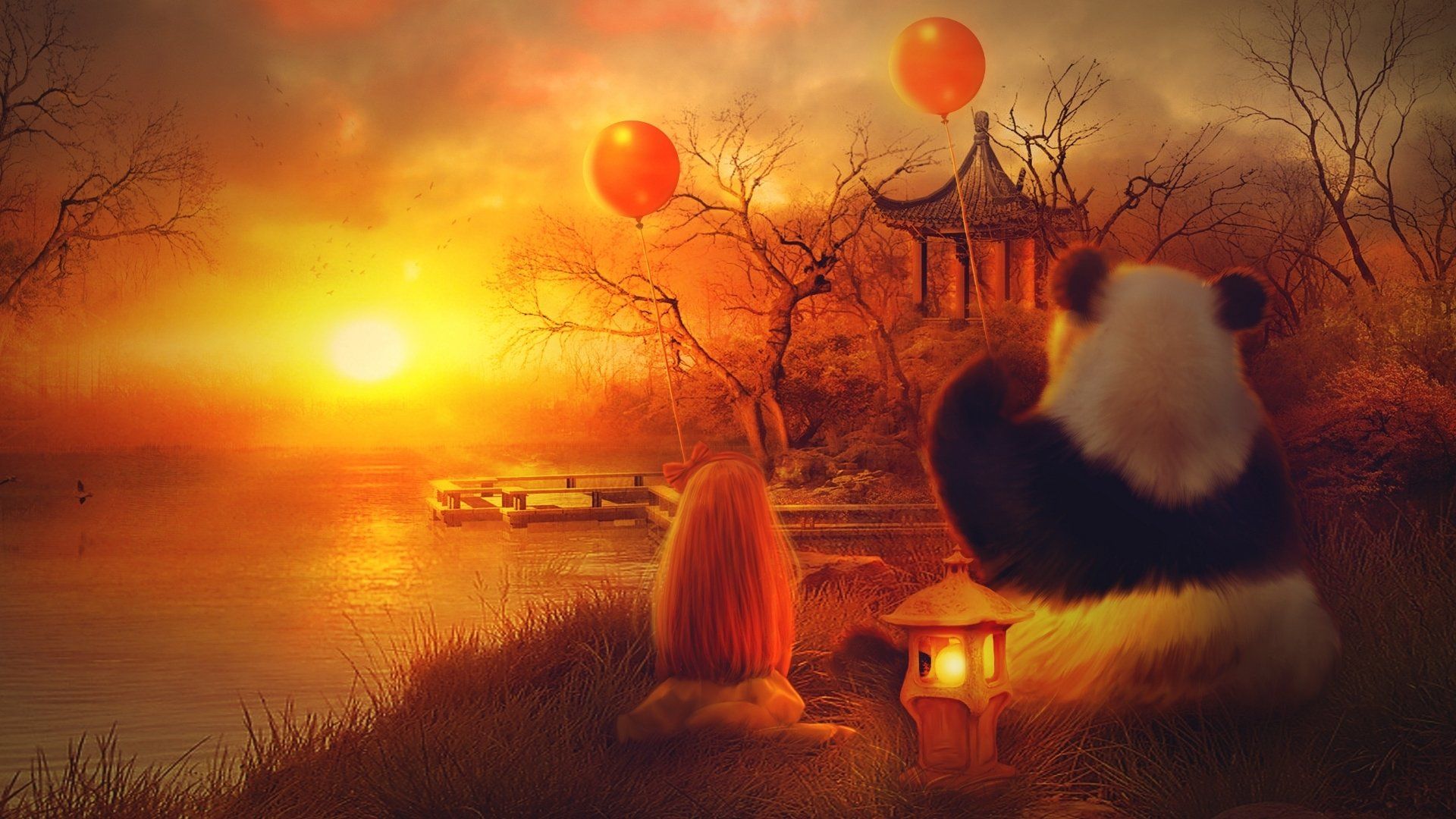 Panda con palloncini al tramonto, 1920x1080 1080p, Laptop