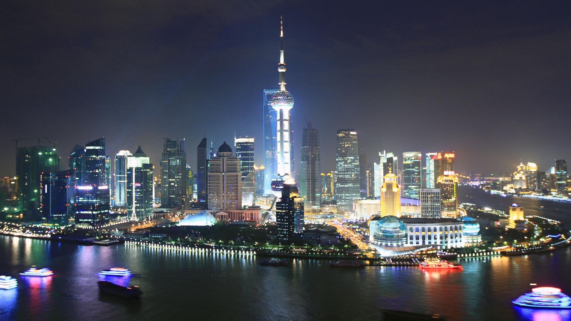 Skyline notturno di Shanghai, 1920x1080 Full HD 1080p, PC Desktop
