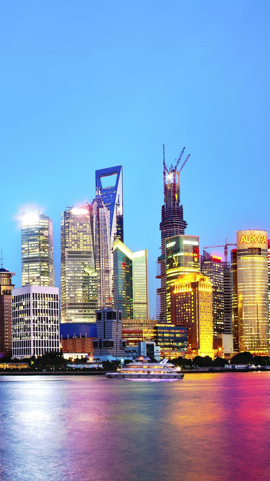 Skyline Shanghai sera illuminata, 1080x1920 Full HD Verticale, Smartphone