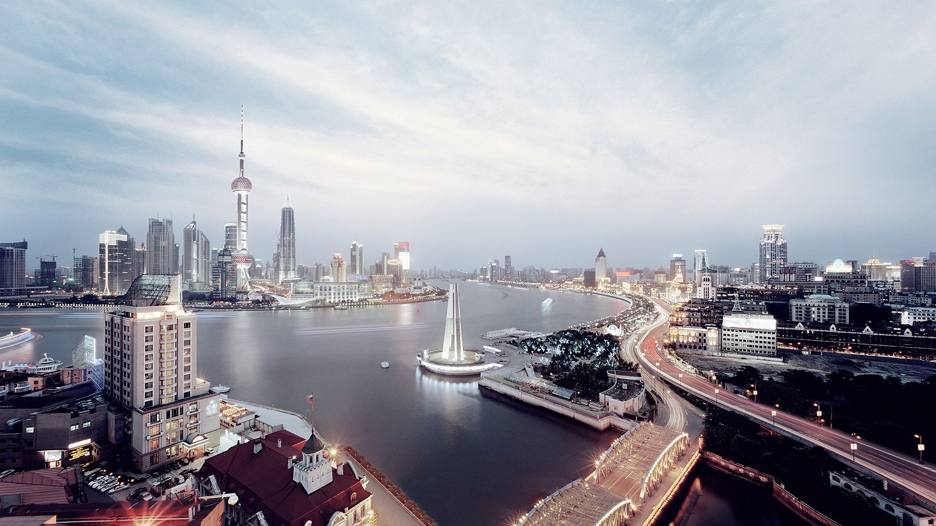 Skyline Shanghai fiume Huangpu, 1920x1080 Full HD 1080p, Desktop