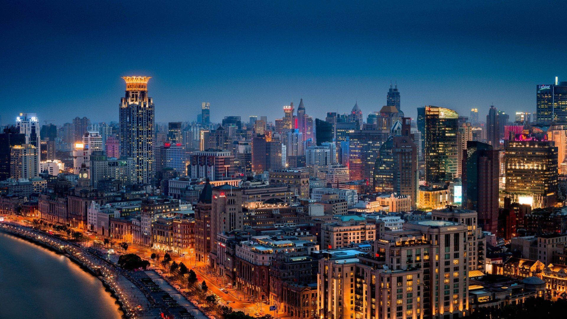 Skyline notturno Shanghai Bund, 1920x1080 Full HD, Desktop