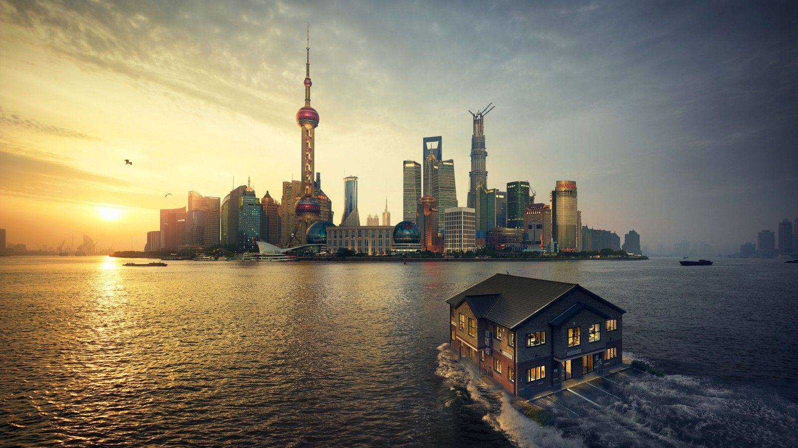 Skyline di Shanghai al tramonto, 1600x900 HD, Desktop