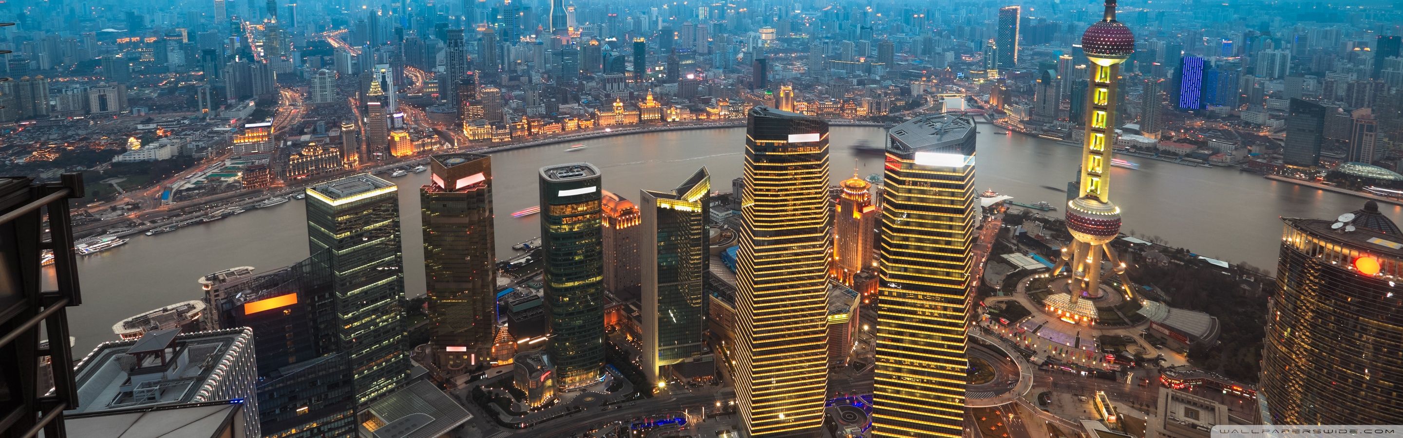 Skyline Shanghai al tramonto, 2880x900 Panoramico, Dual Screen