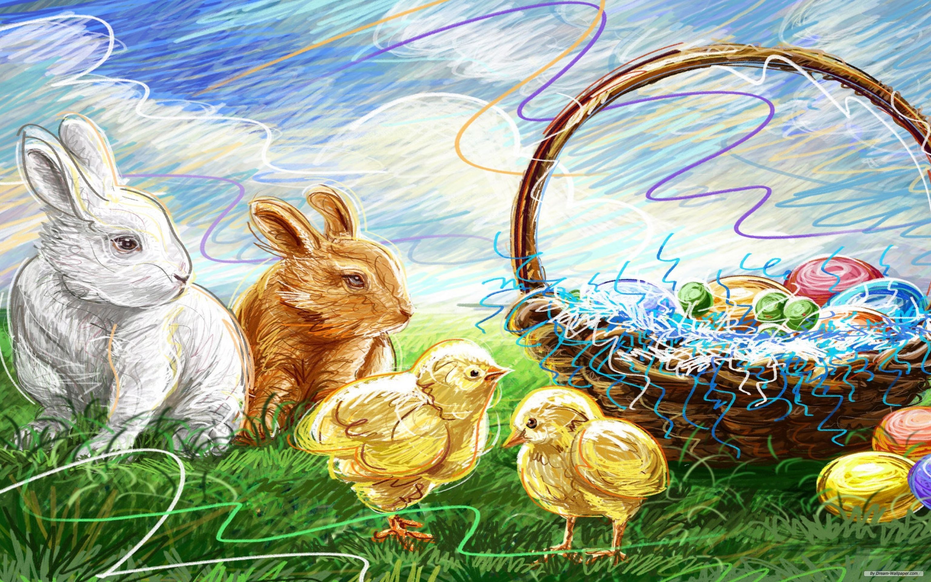 Coniglietti pulcini cesto uova Pasqua, 3072x1920 WQXGA, Desktop