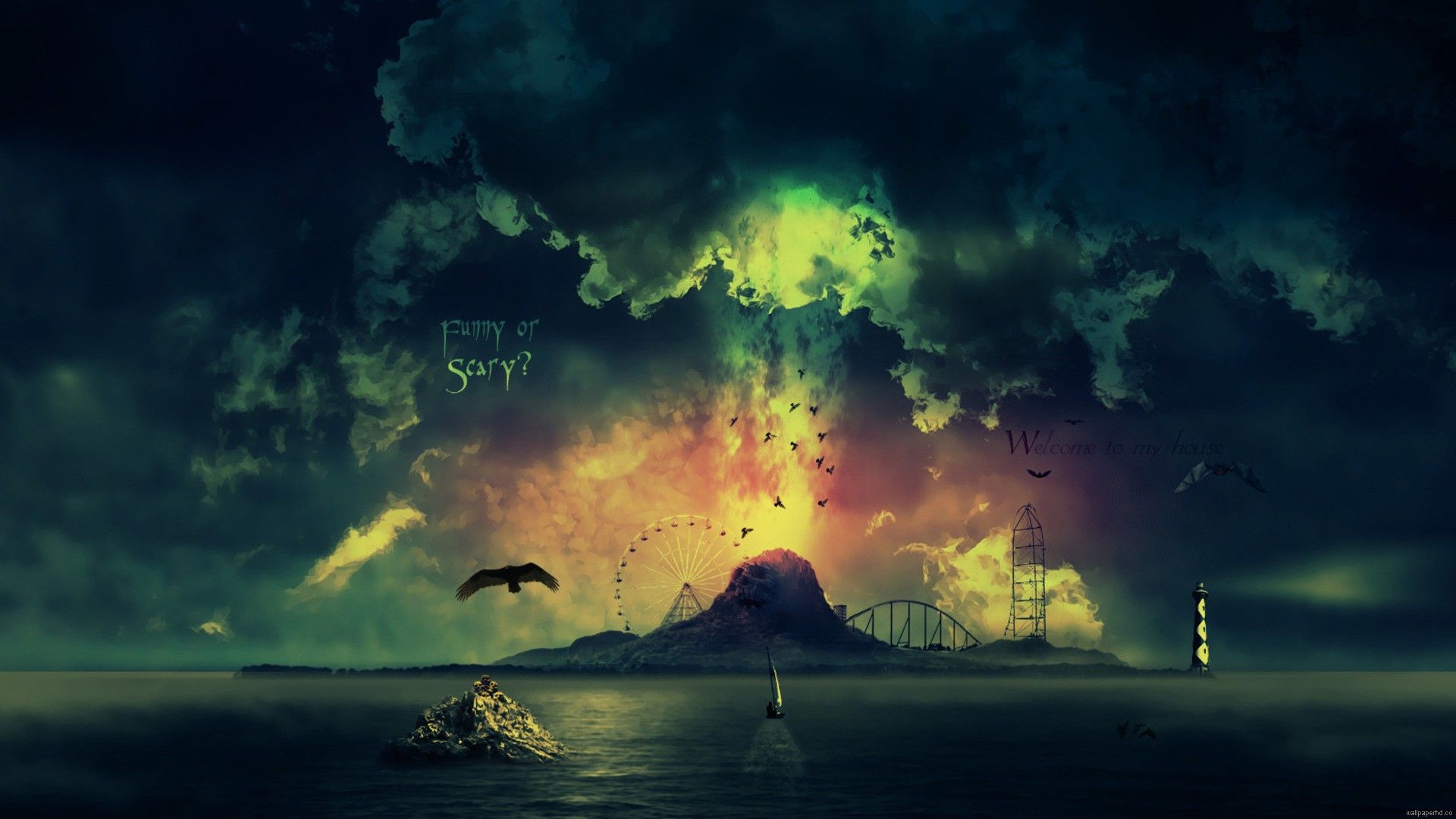 Isola fantasy con uccelli e faro, sfondi per PC, 1920x1080 Full HD 1080p, Desktop