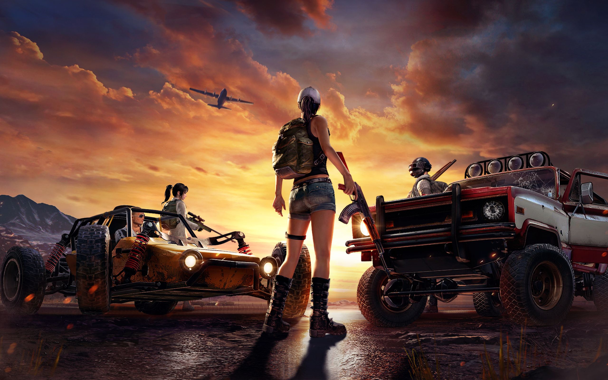 PUBG personaggio con veicoli tramonto, battle royale, sfondi per PC, 2560x1600 2K+, Monitor Gaming