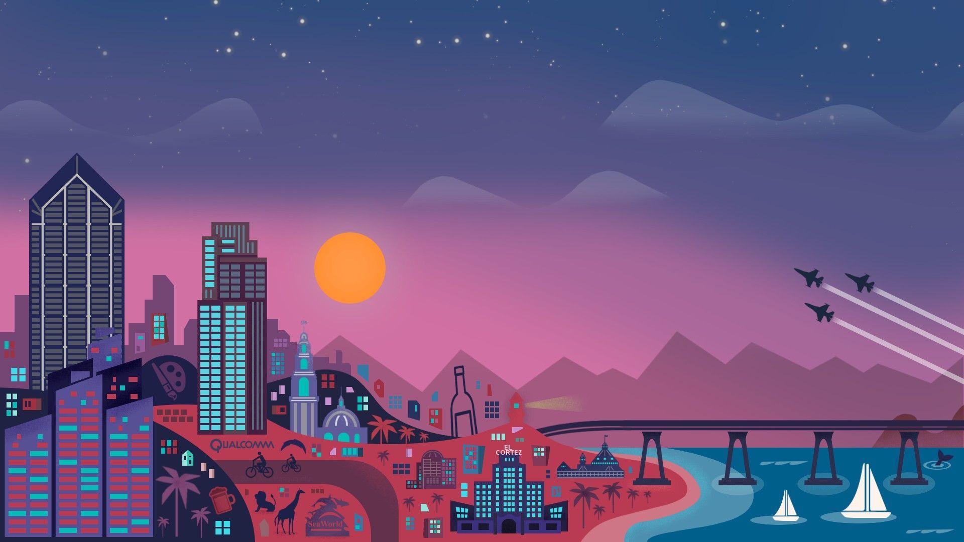 Città illustrata al tramonto, sfondi per PC, 1920x1080 1080p, PC Desktop