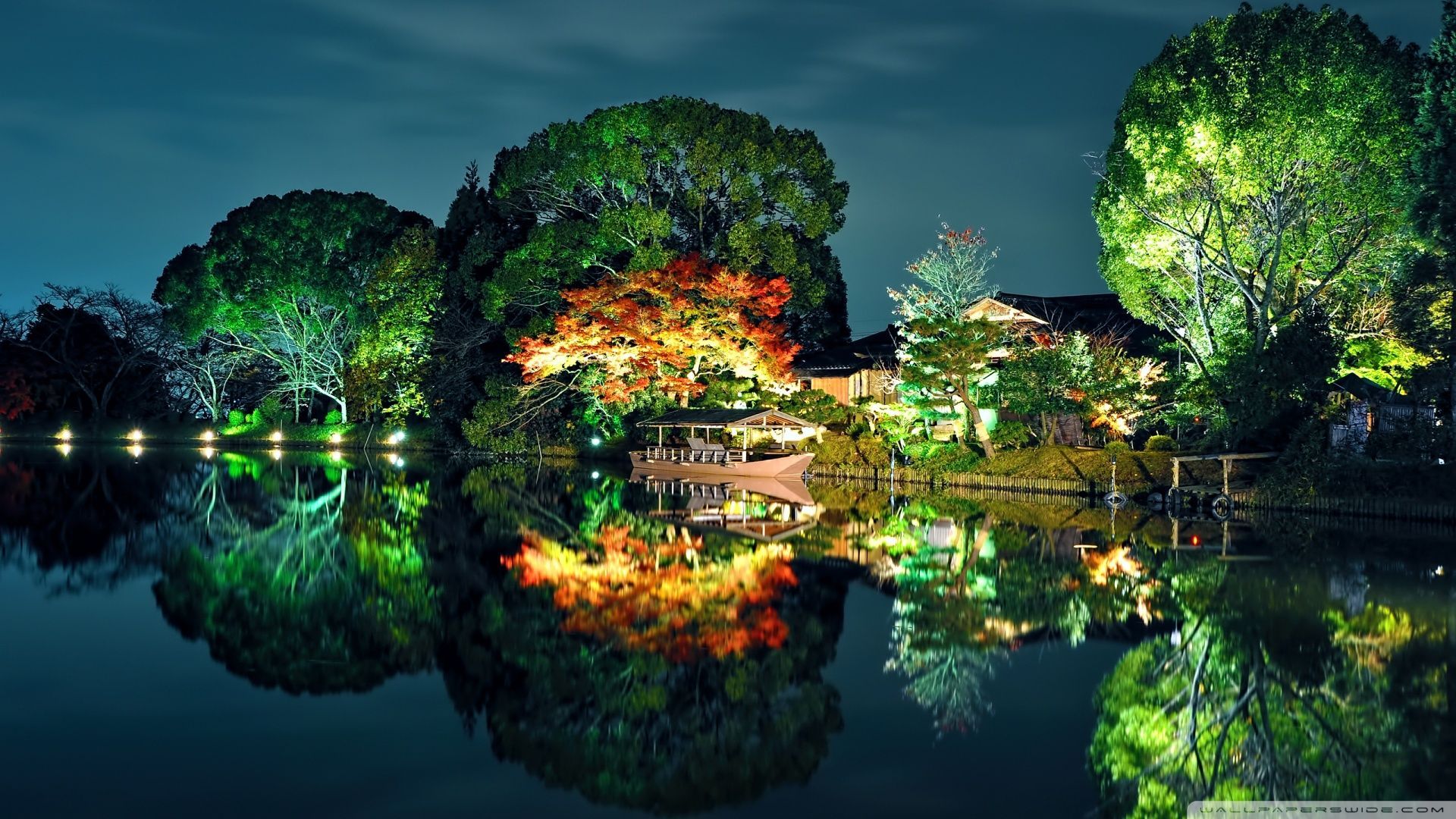 Giardino giapponese notturno illuminato, 1920x1080 Full HD 1080p, Notebook