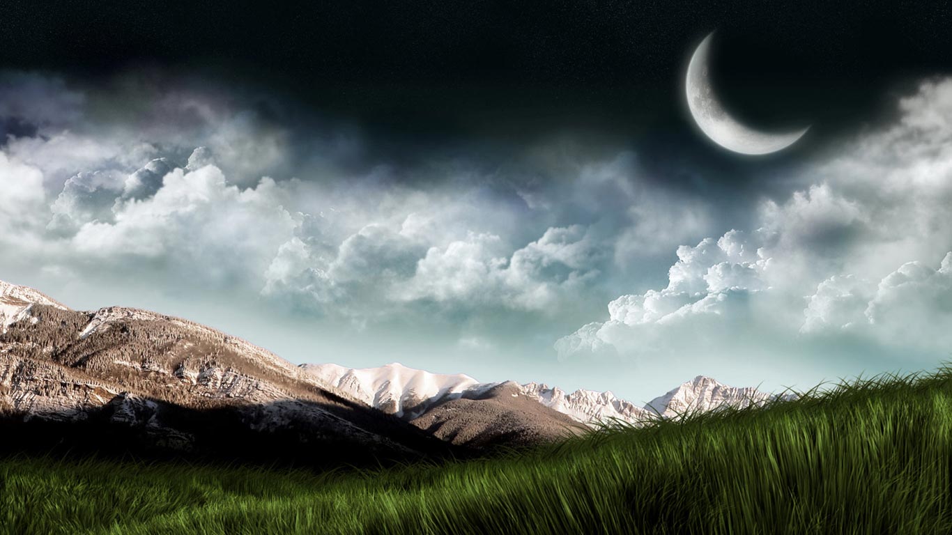 Luna crescente su montagne e prato, 1366x768 HD, MacBook Pro