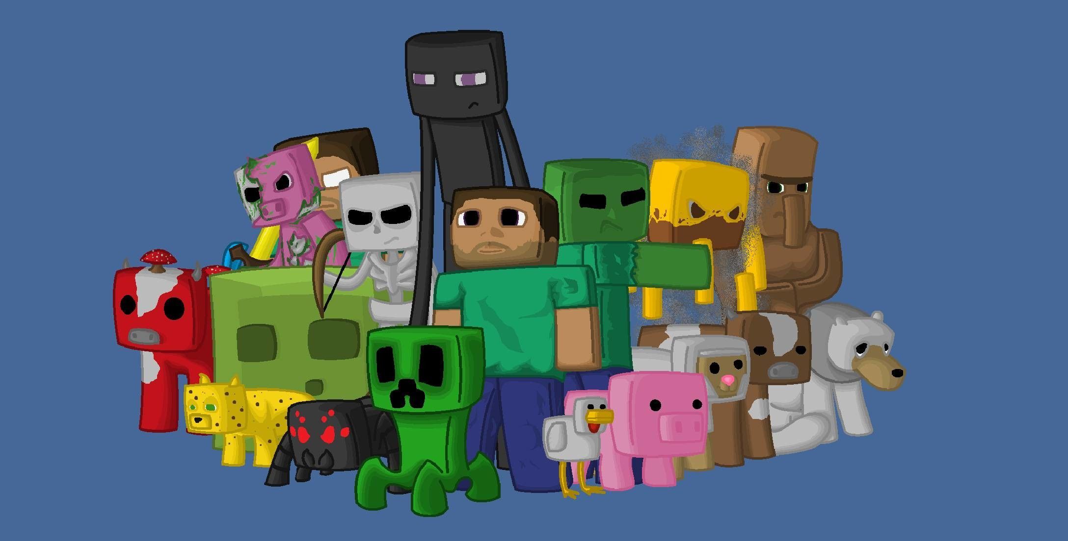 Personaggi Minecraft gruppo, gioco sandbox, 2176x1104 2K, Desktop