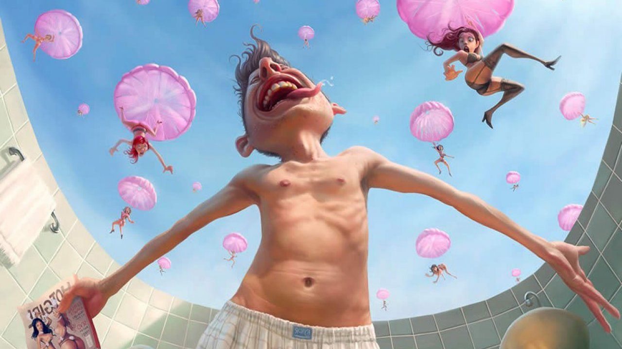 Uomo caricatura con palloncini rosa, 1280x720 HD, Desktop