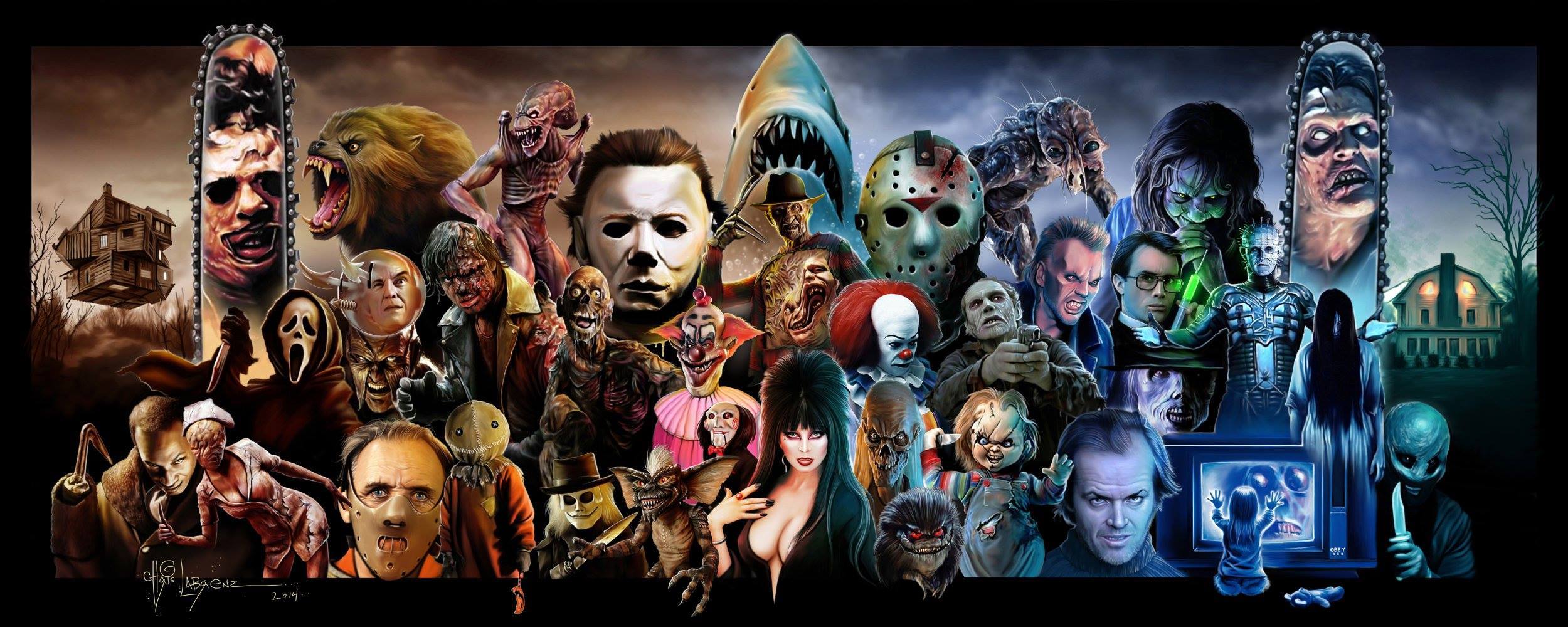 Collage personaggi horror iconici, 2500x1000 Panoramico, iMac