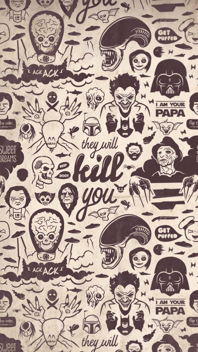 Pattern personaggi horror alieni teschi, 750x1334 Verticale, Telefono