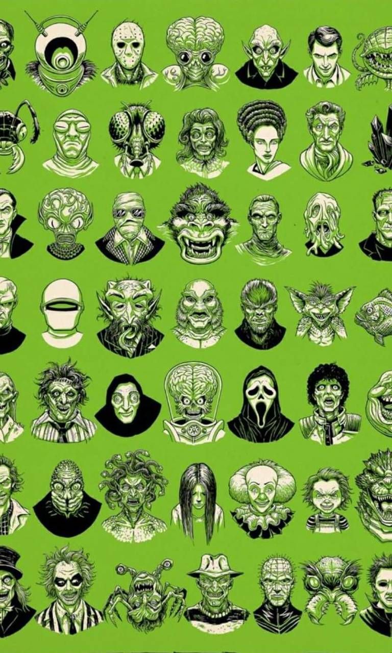 Personaggi horror sfondo verde, 768x1280 Full HD Verticale, iPhone