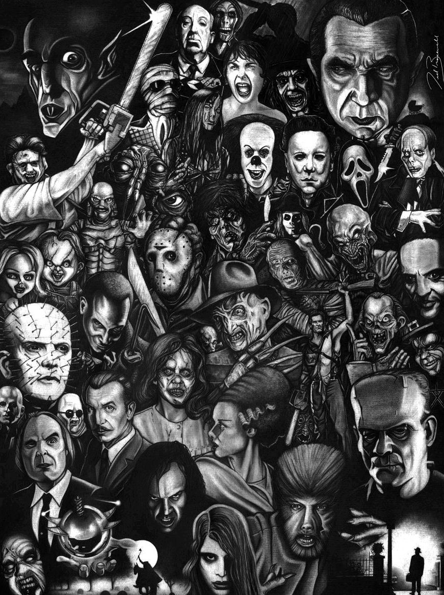 Collage personaggi horror bianco e nero, 871x1167 Verticale, Telefono