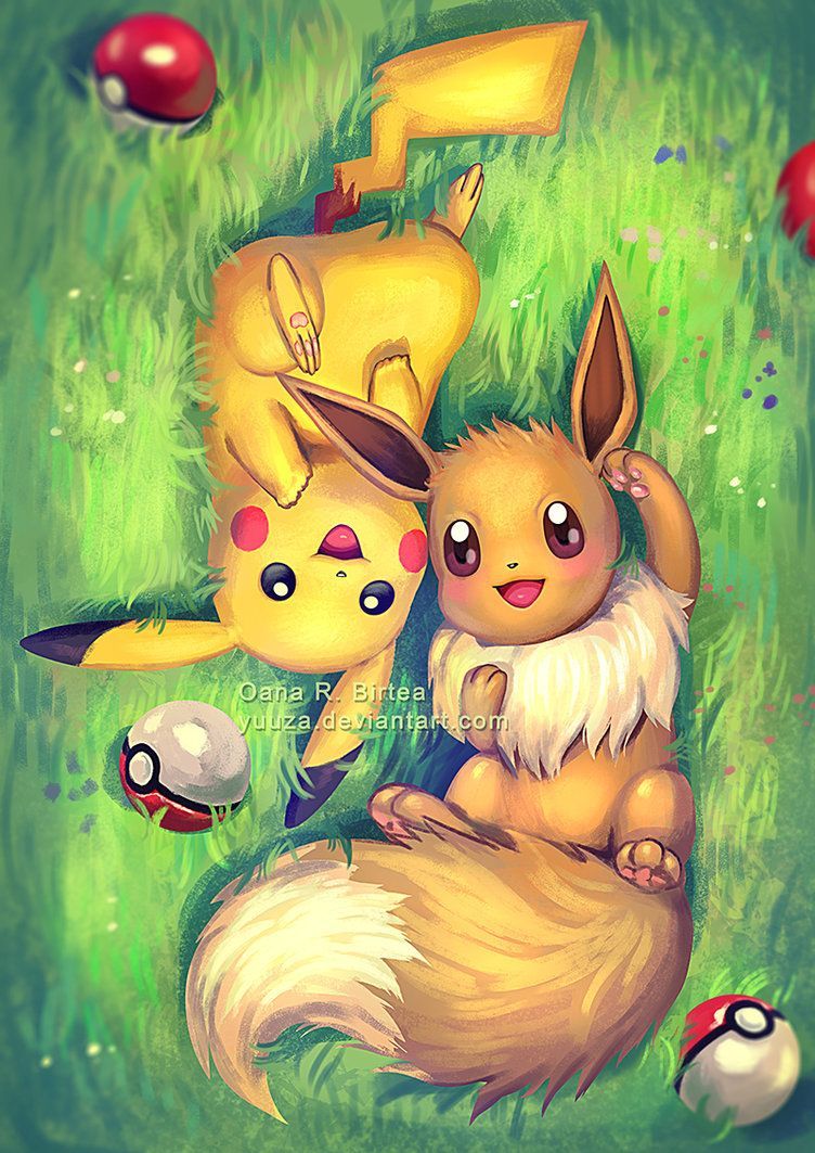 Pikachu ed Eevee erba, 752x1063 Verticale, Android