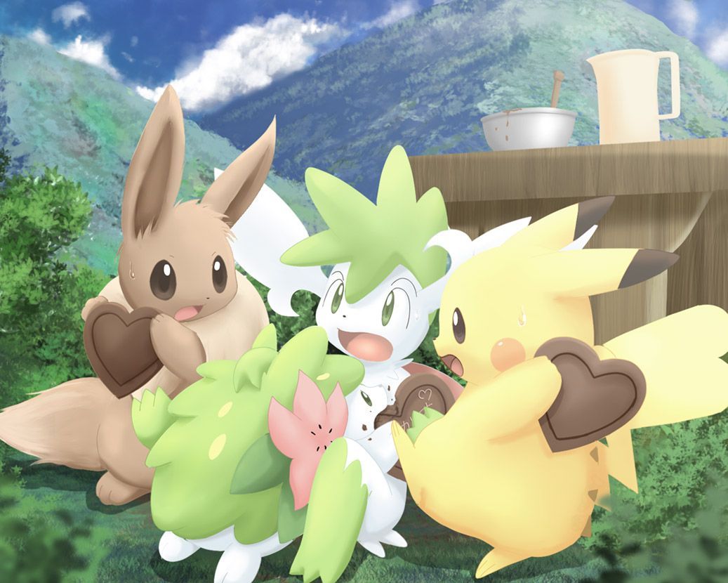 Pikachu, Eevee, Shaymin insieme, 1037x830 HD, Laptop