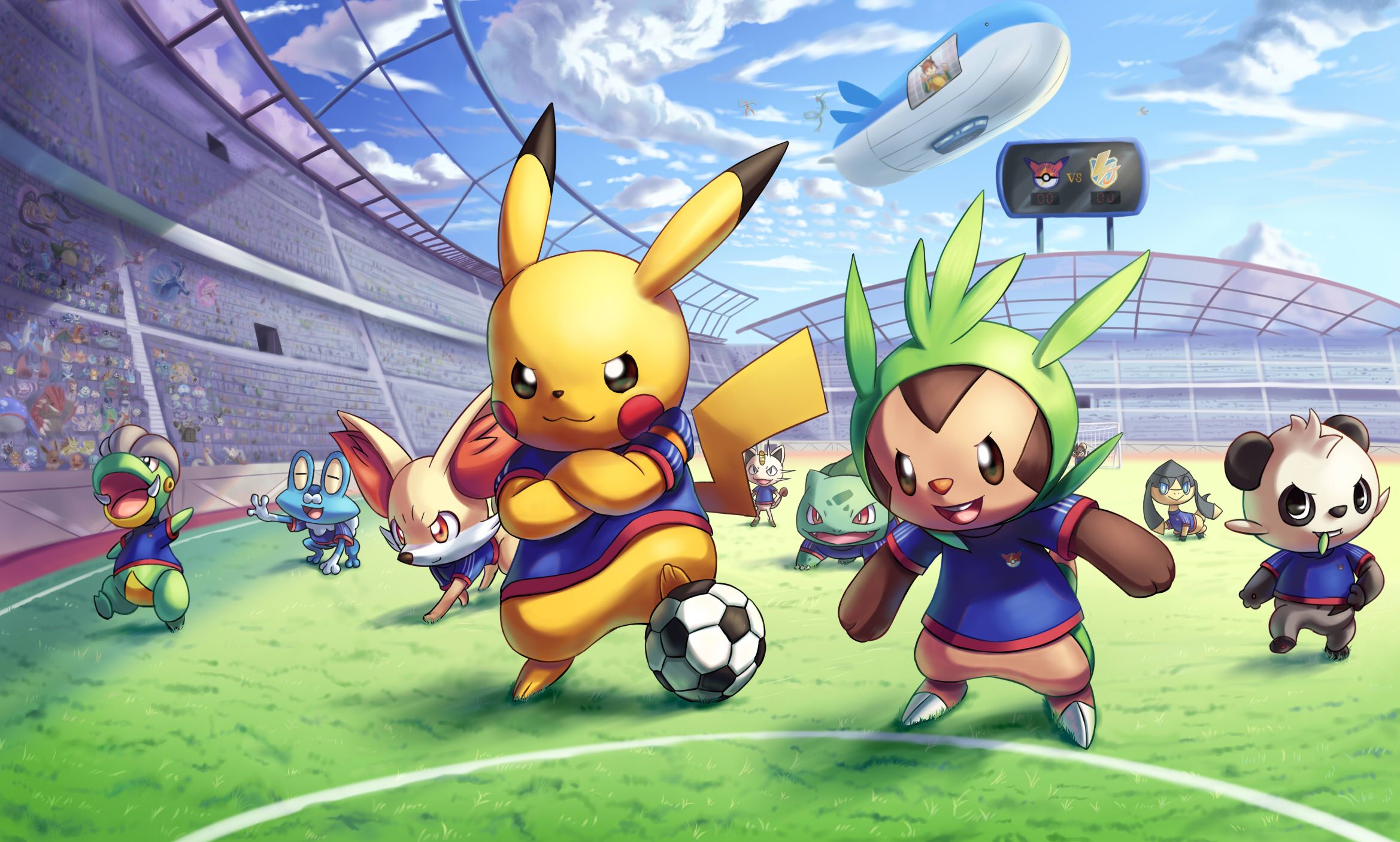 Pikachu e Pokémon giocano calcio, 2338x1406 2K, PC