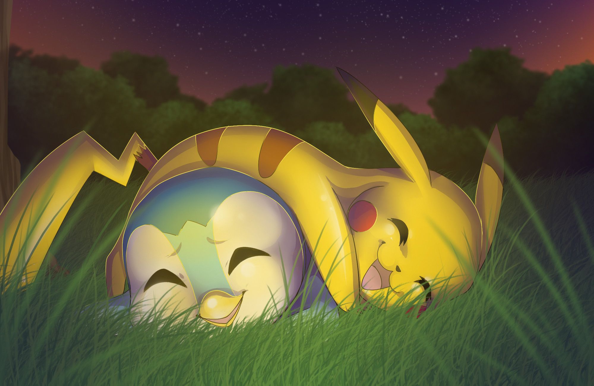 Pikachu addormentato erba notte, 2000x1300 2K, Laptop