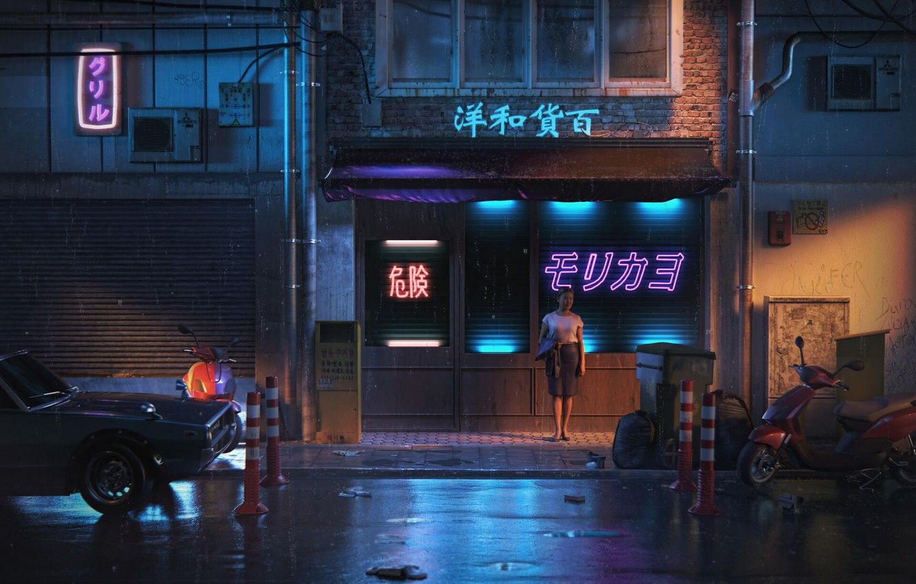 Strada giapponese notturna con neon, 1332x850 HD, Desktop
