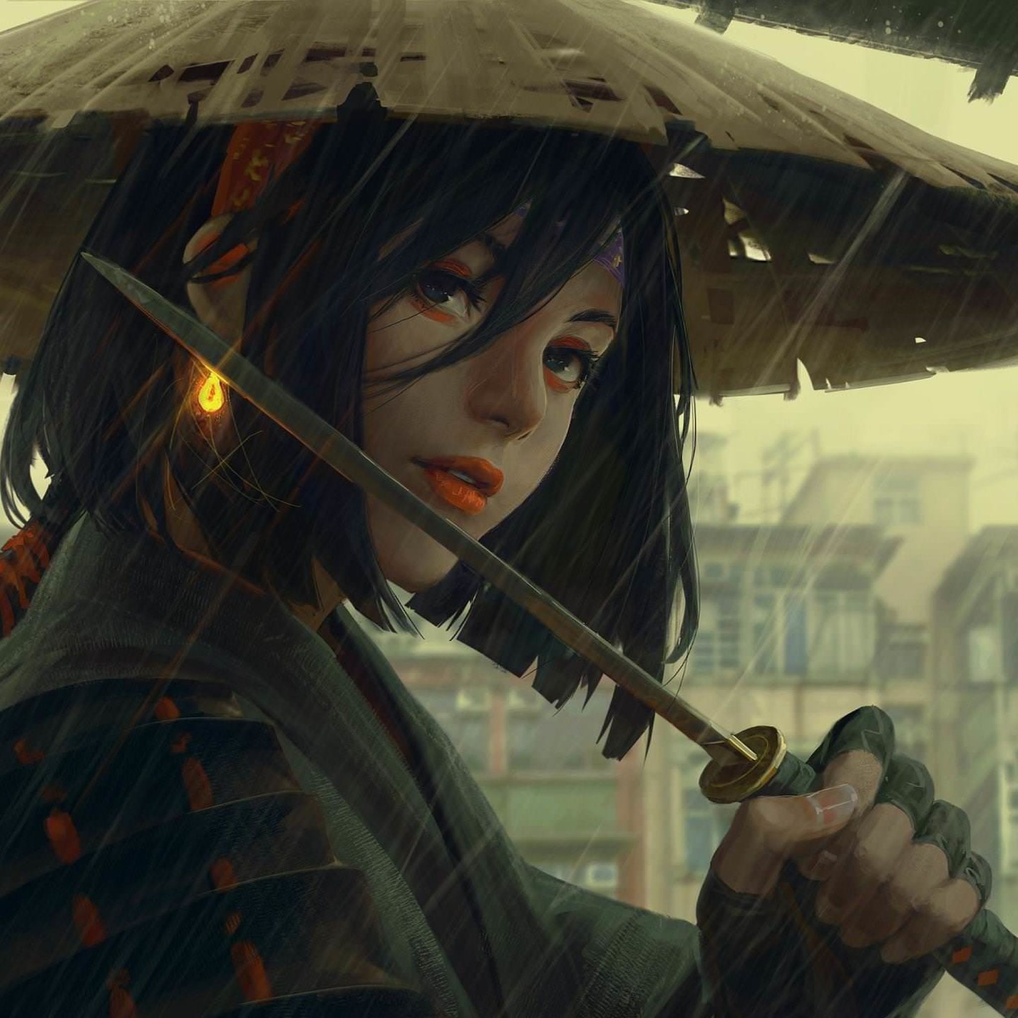 Guerriera samurai sotto la pioggia, 2048x2048 alta risoluzione, PC