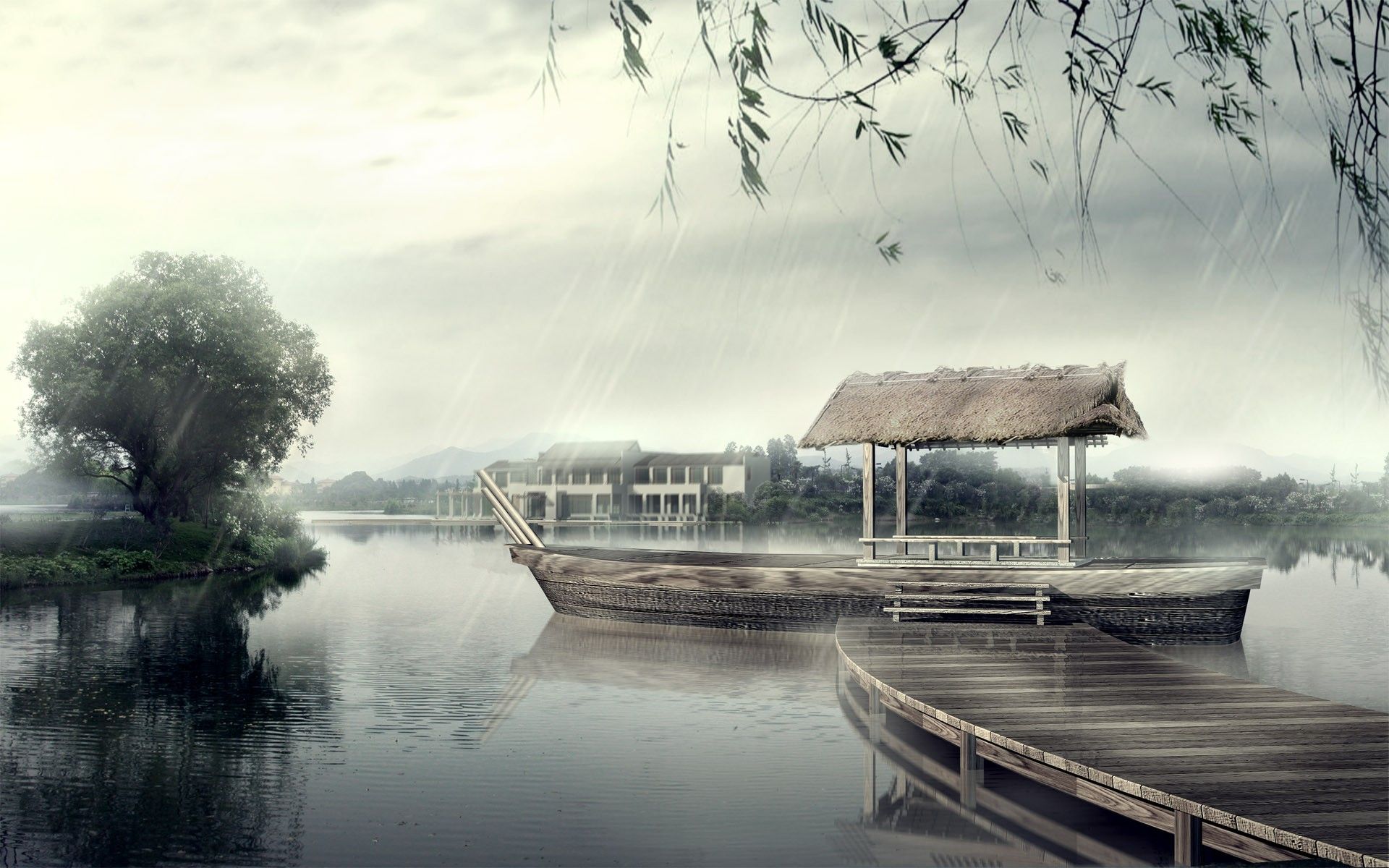 Barca su lago nebbioso giapponese, 1920x1200 Full HD+, PC Desktop