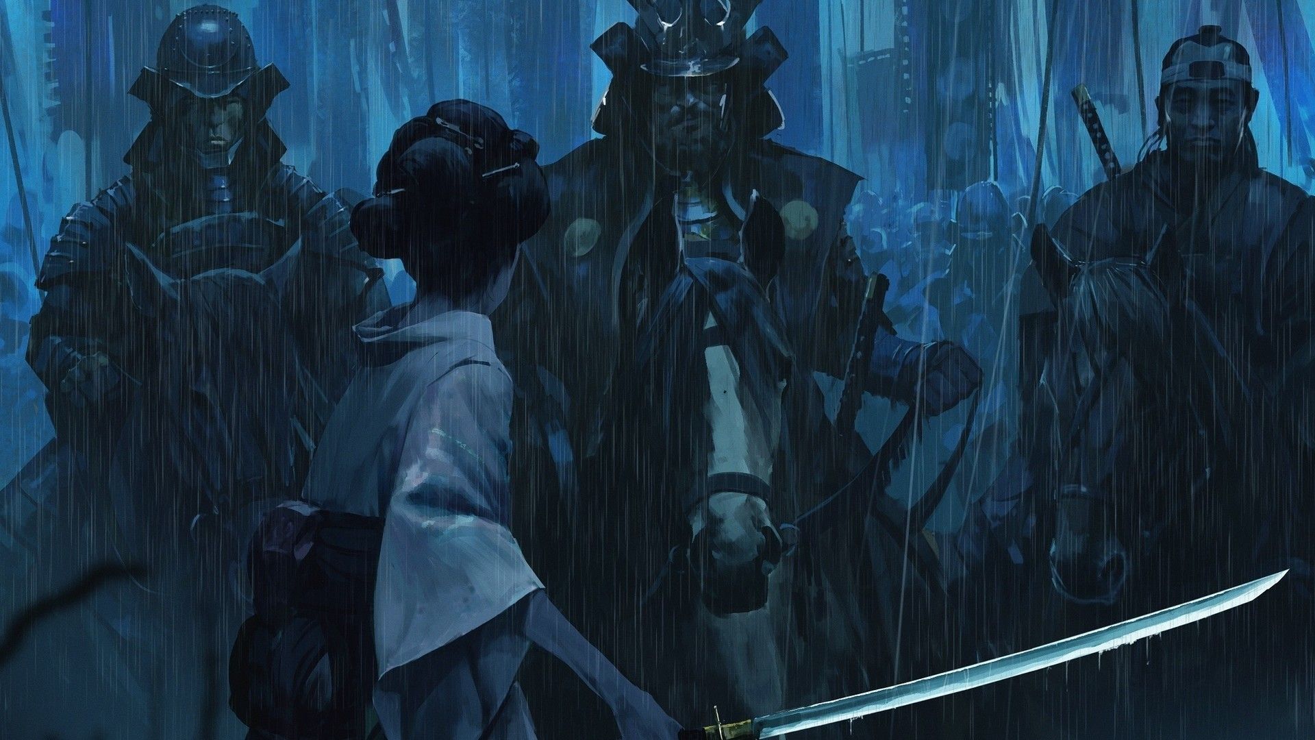 Samurai sotto la pioggia notturna, 1920x1080 Full HD, Desktop