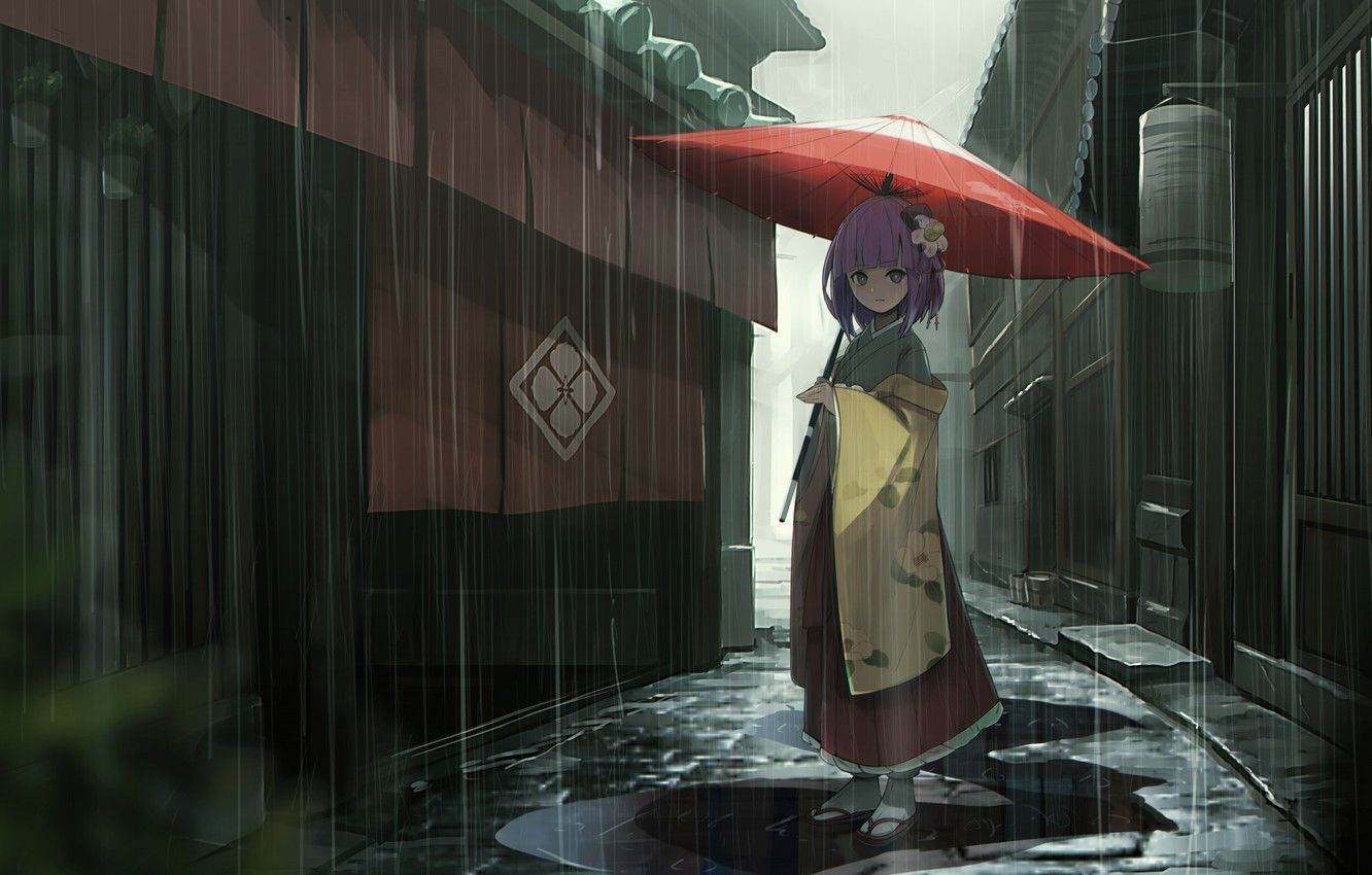 Ragazza con ombrello rosso, pioggia, 1332x850 720p, PC