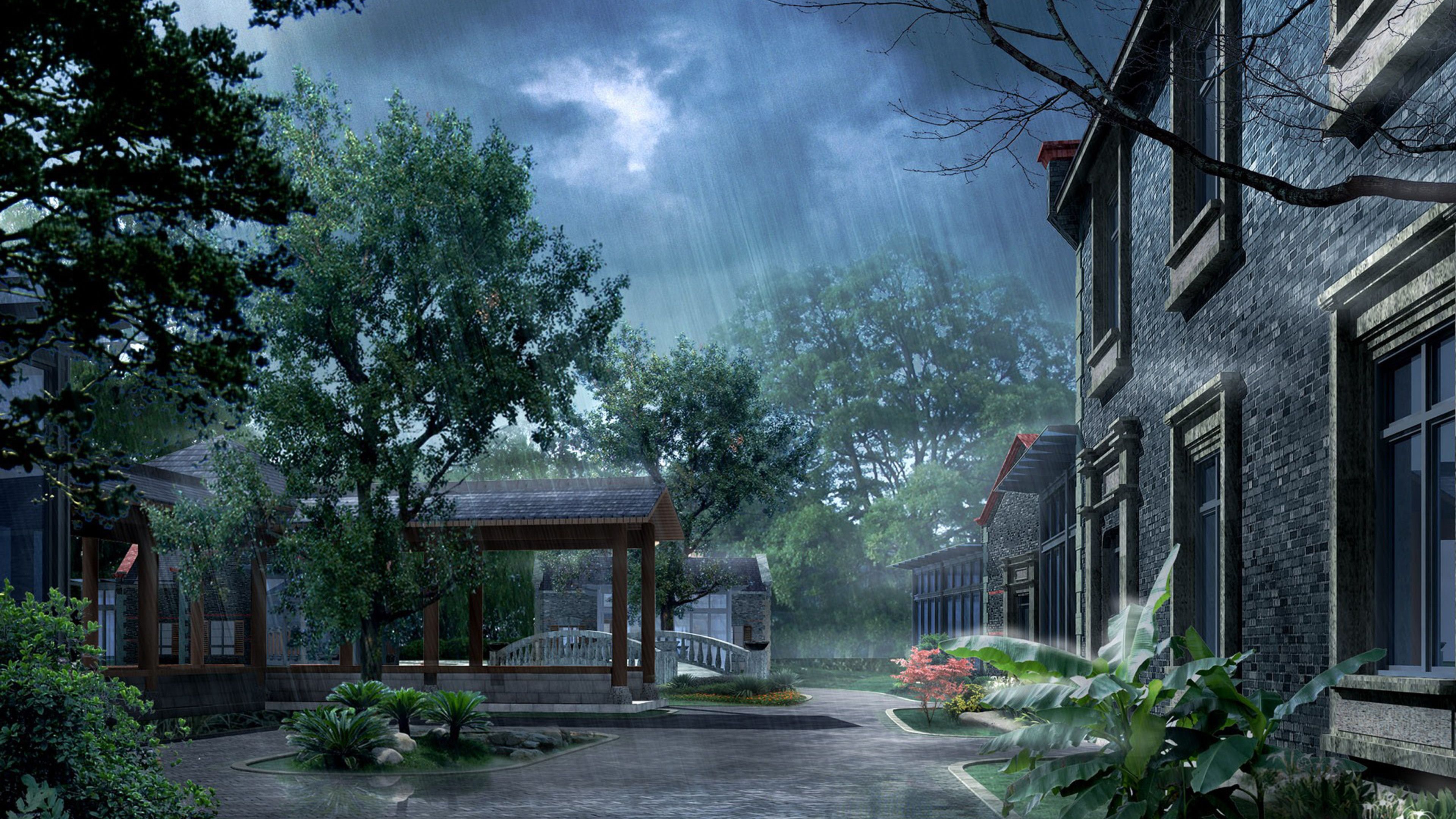 Villaggio giapponese sotto pioggia, 3840x2160 Ultra HD, 4K TV