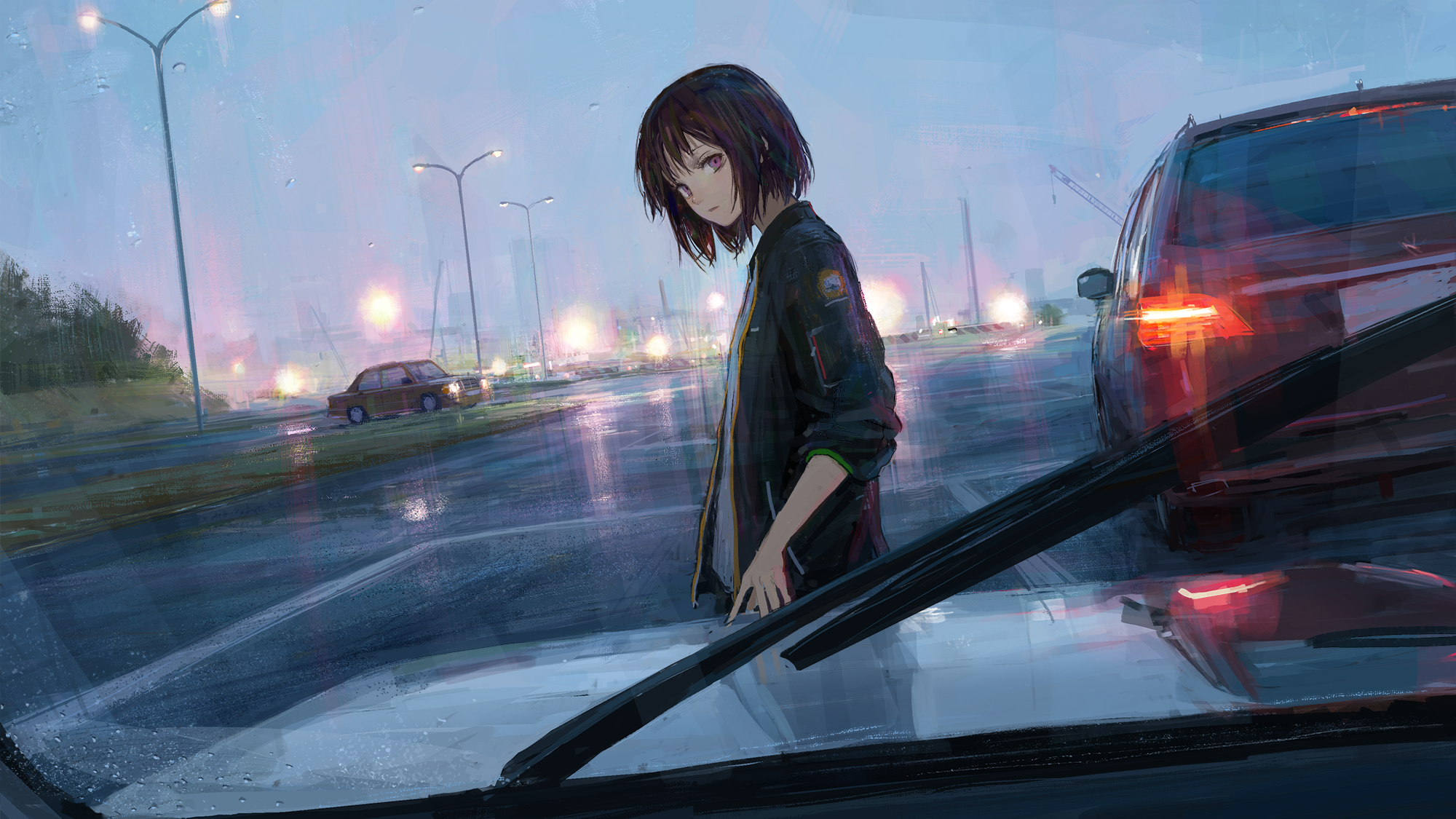 Ragazza anime sotto pioggia strada, 2000x1125 2K, Laptop